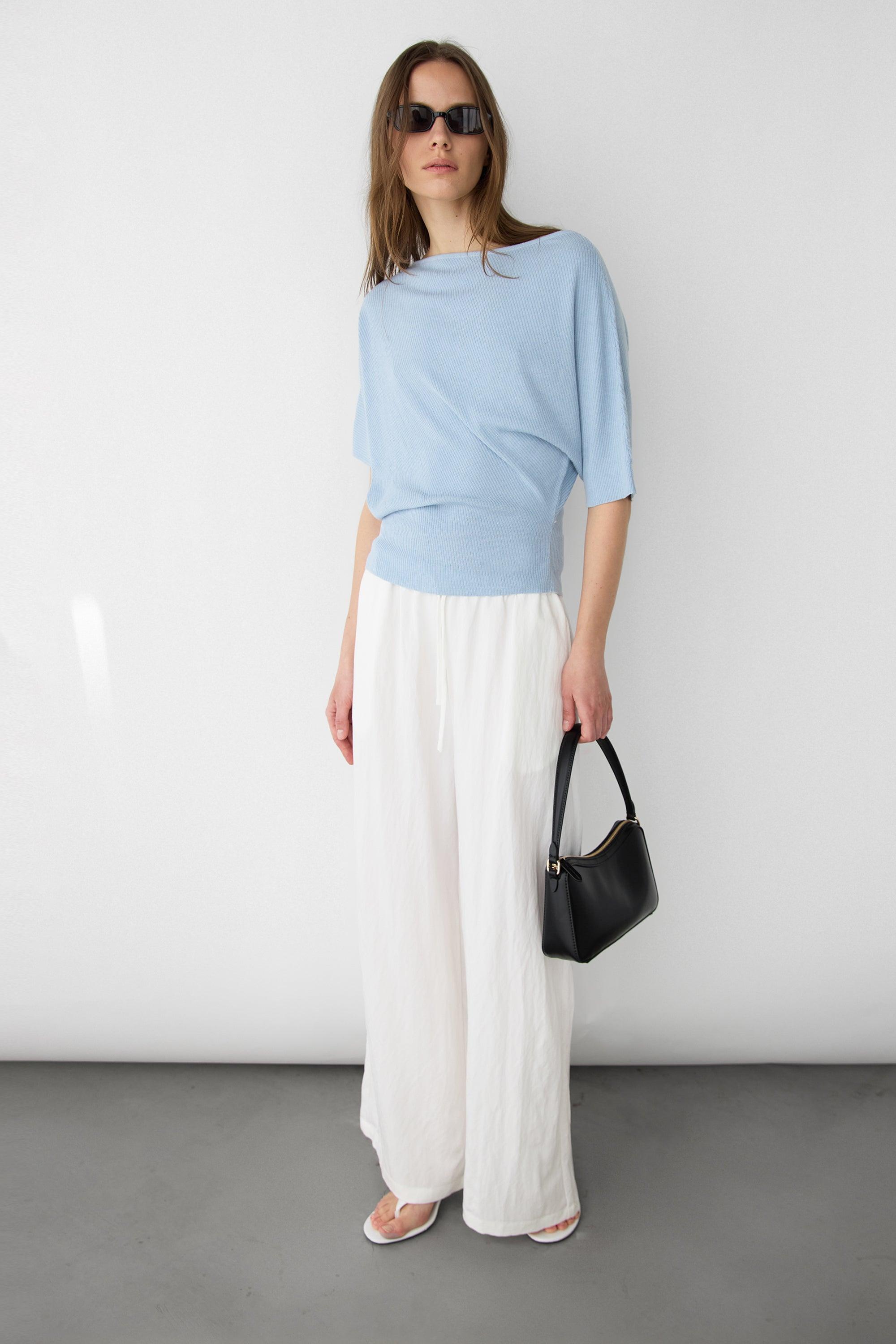 TEXTURED BOAT NECK DROP SLEEVE KNIT PULLOVER by OAK + FORT