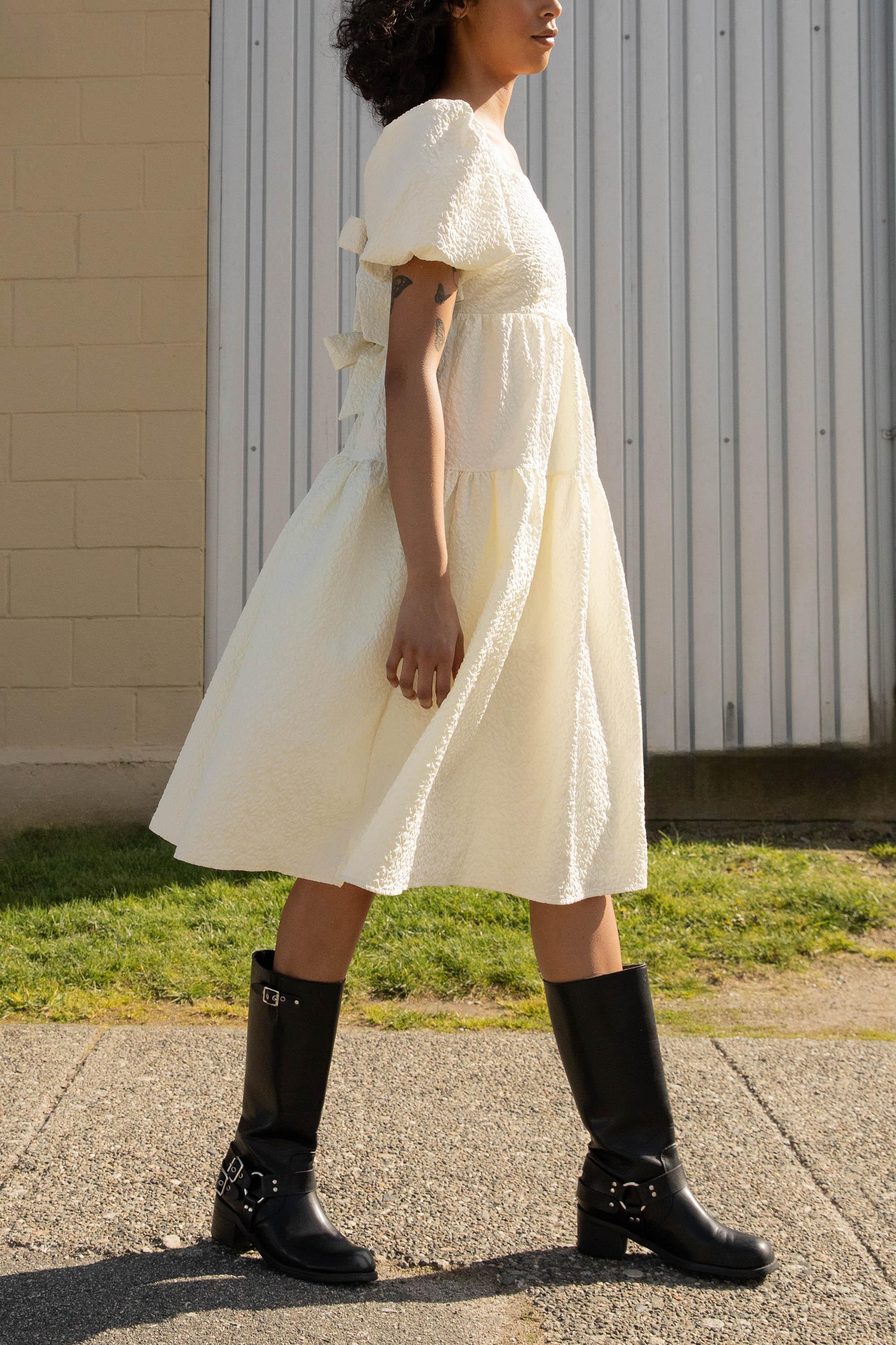 TEXTURED PUFF SLEEVE MIDI DRESS by OAK + FORT