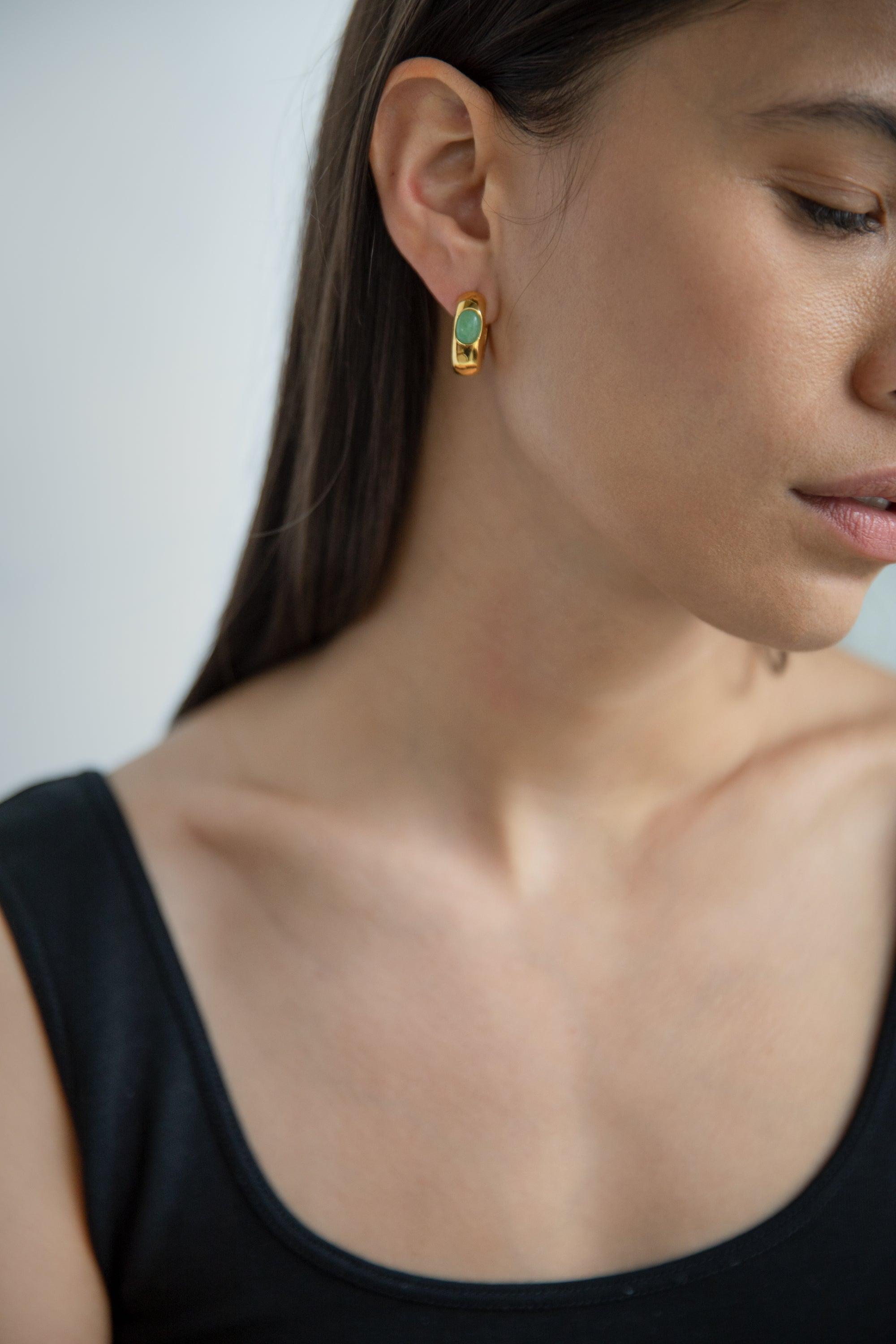 THICK HOOP EARRING WITH GREEN GEMSTONE by OAK + FORT
