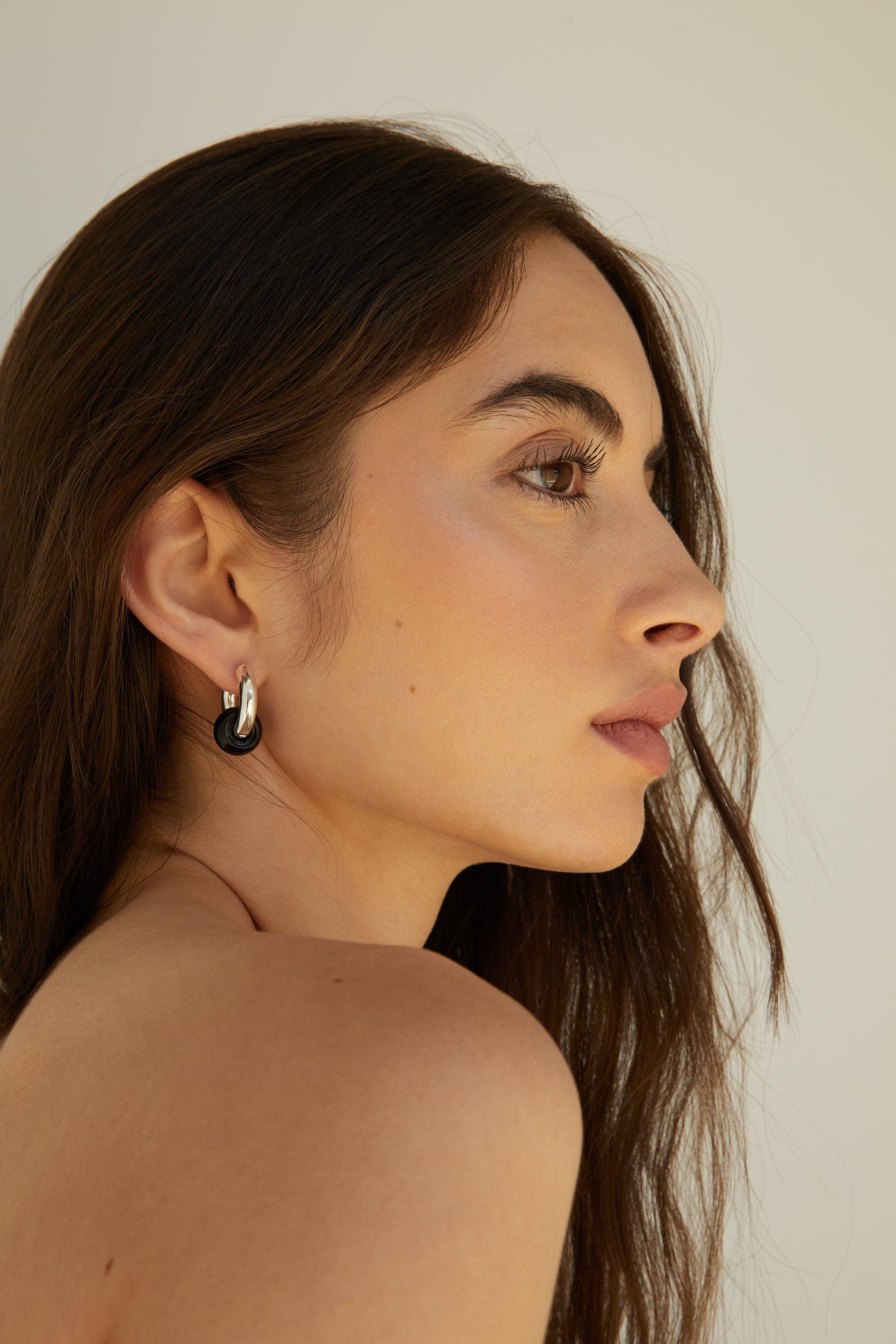 THICK HOOPS WITH BLACK STONE by OAK + FORT