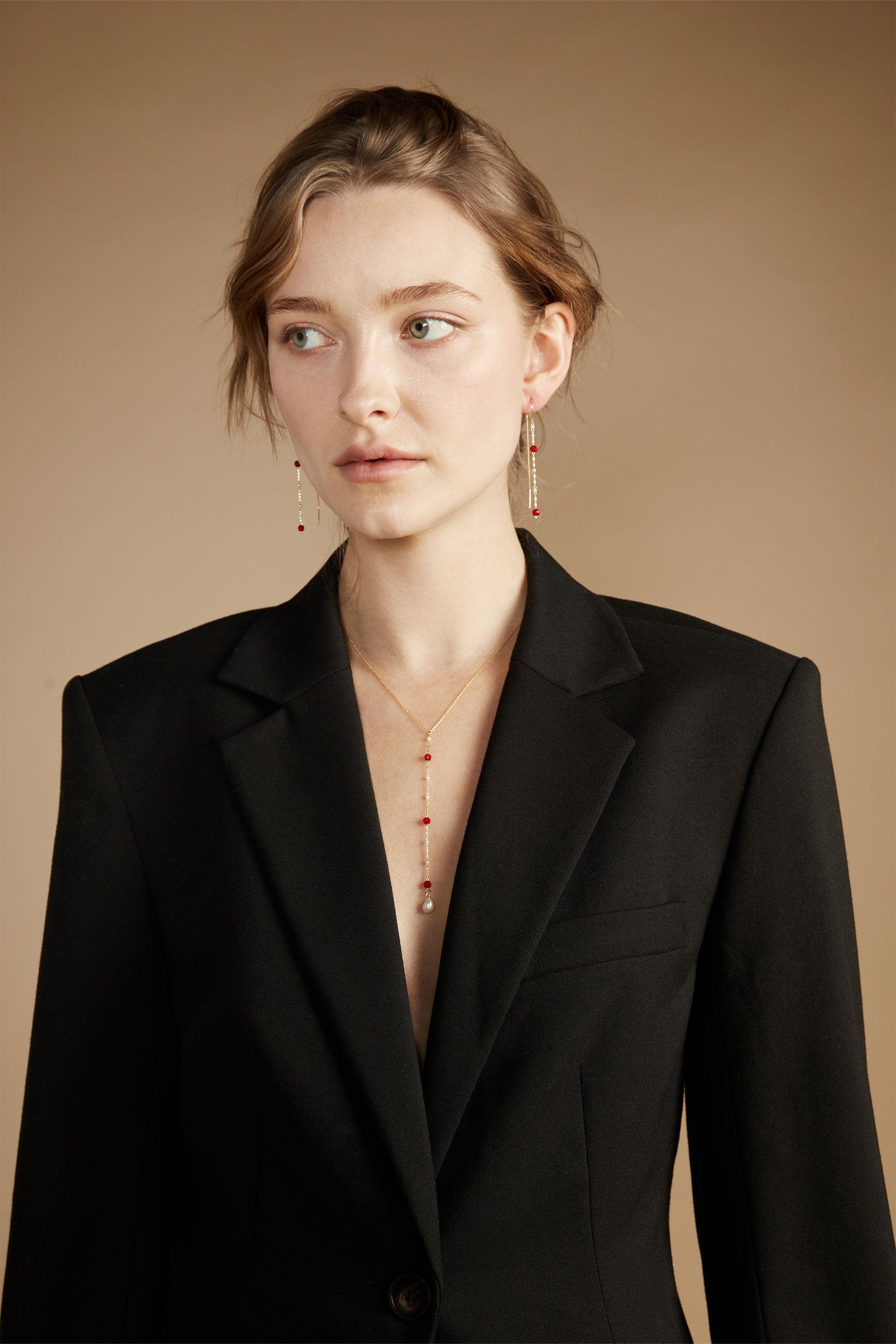 THREADER EARRING WITH RED STONES by OAK + FORT