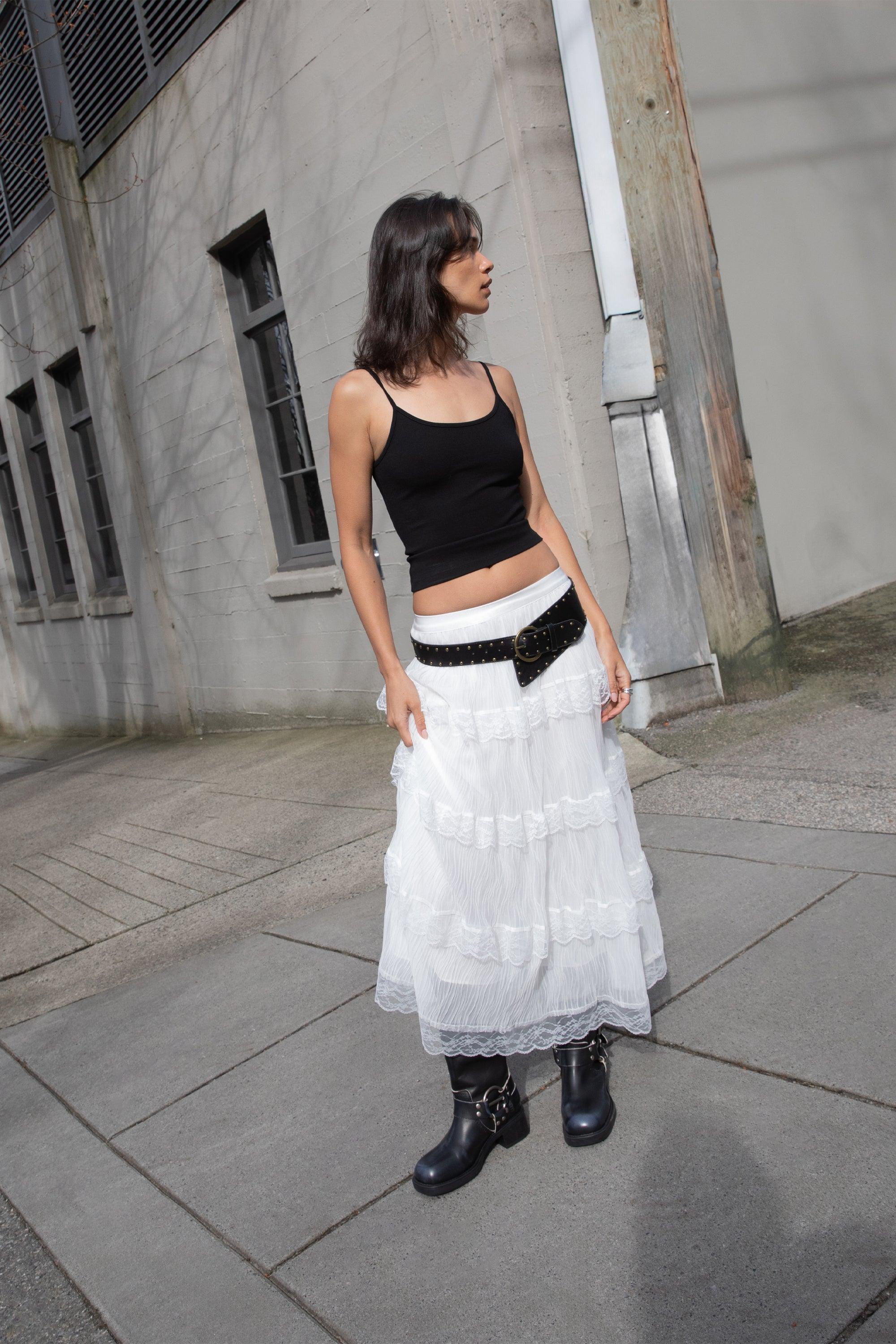 TIERED RUFFLE MAXI SKIRT by OAK + FORT