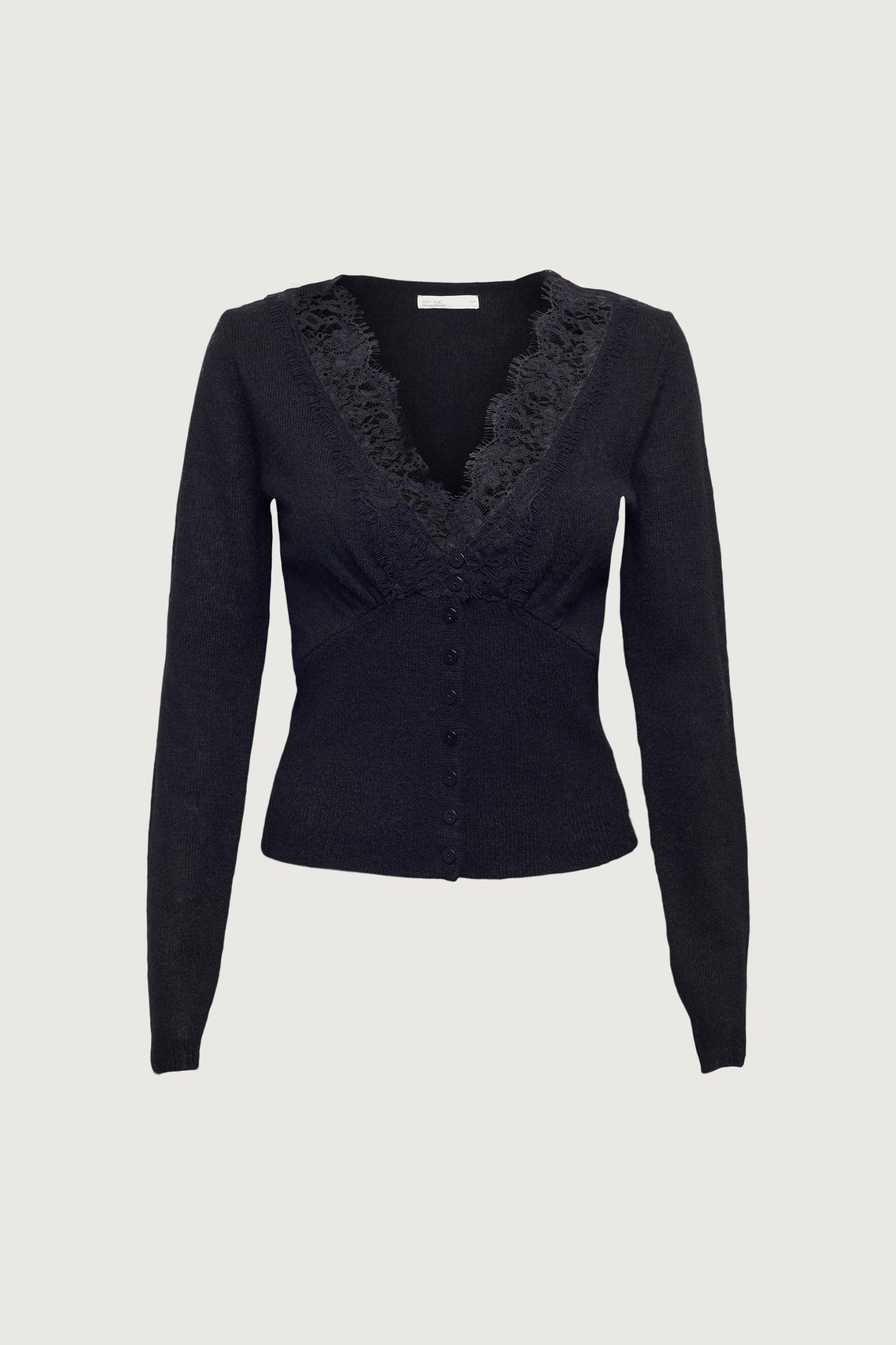 V-NECK LACE TRIM BUTTON FRONT CARDIGAN by OAK + FORT