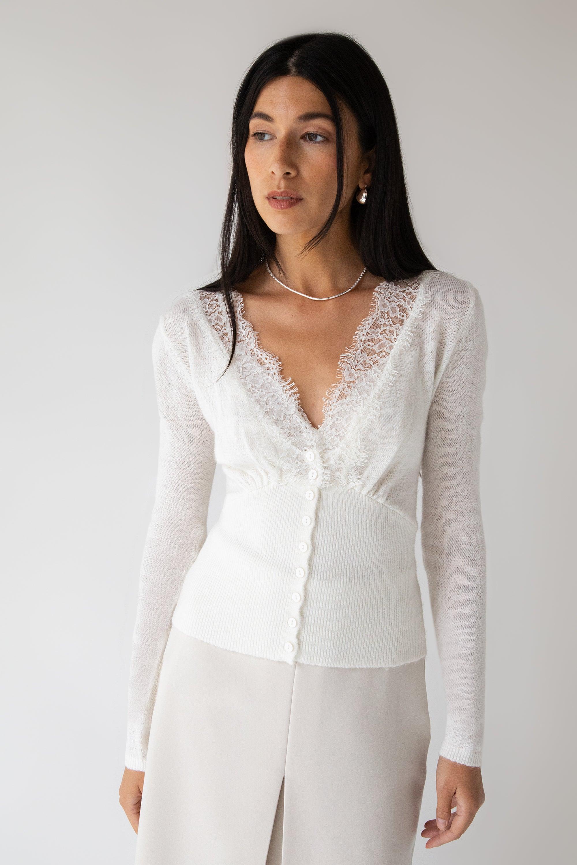 V-NECK LACE TRIM BUTTON FRONT CARDIGAN by OAK + FORT