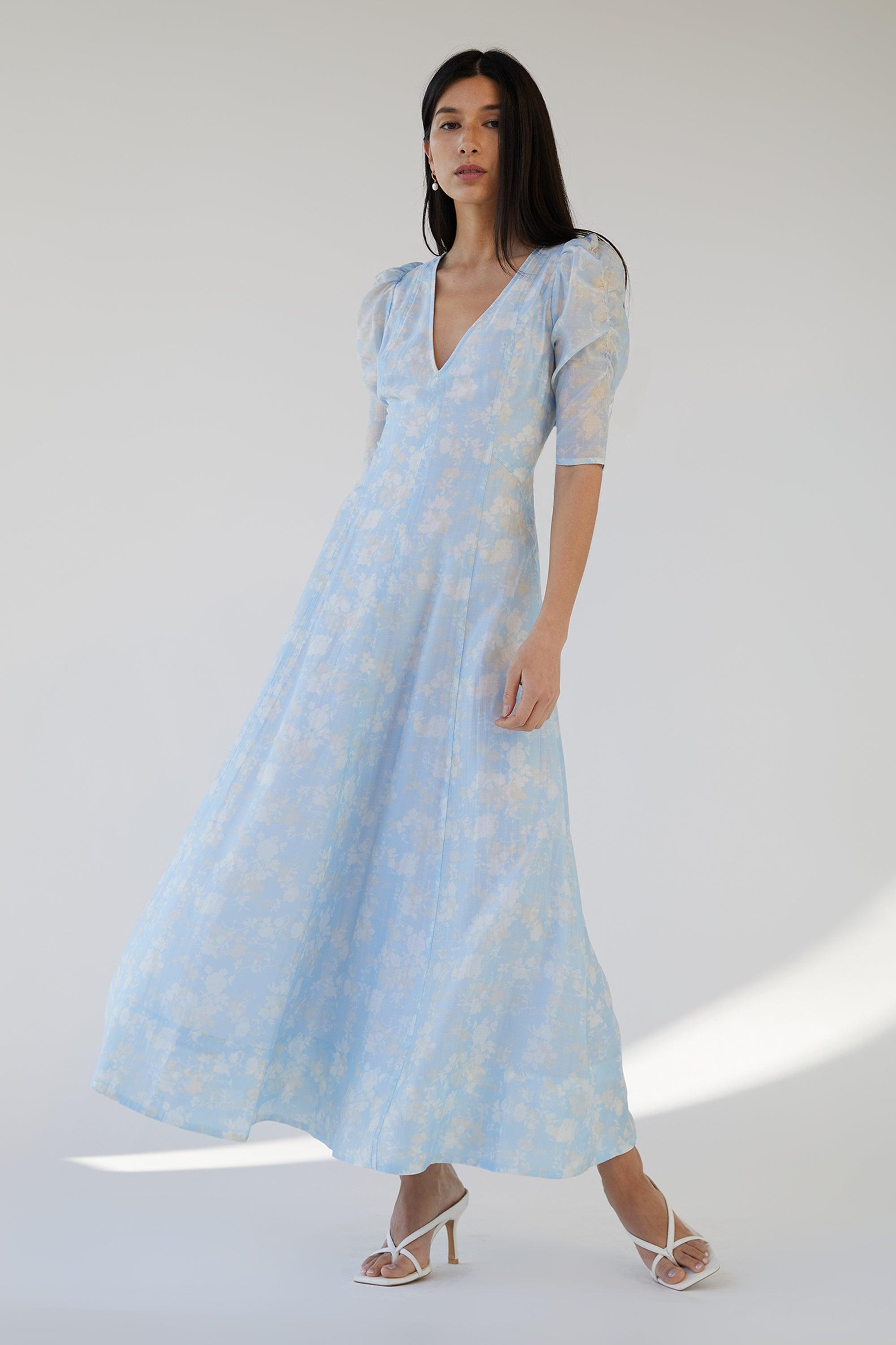 V-NECK PUFF SLEEVE FLORAL MAXI DRESS by OAK + FORT