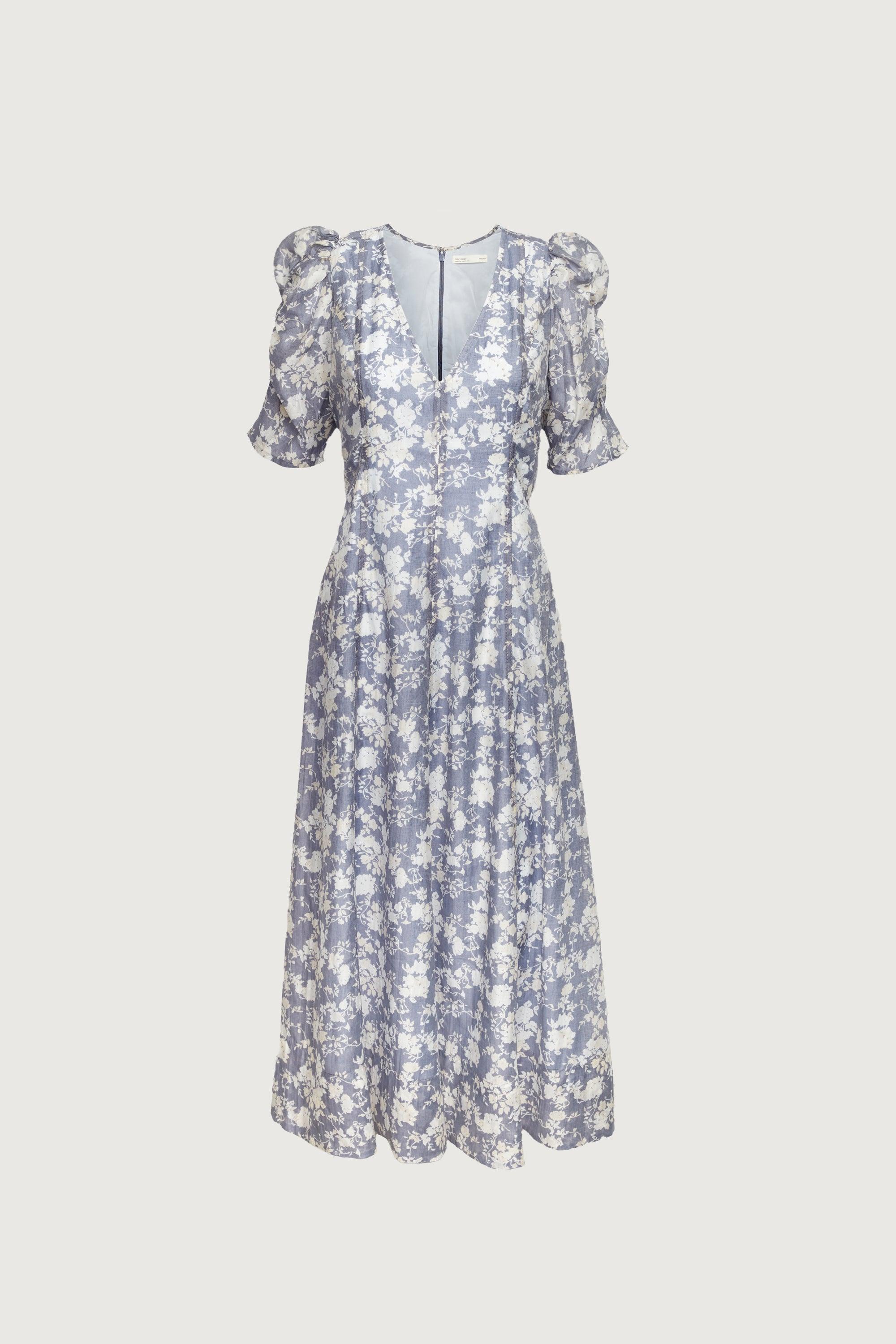 V-NECK PUFF SLEEVE FLORAL MAXI DRESS by OAK + FORT