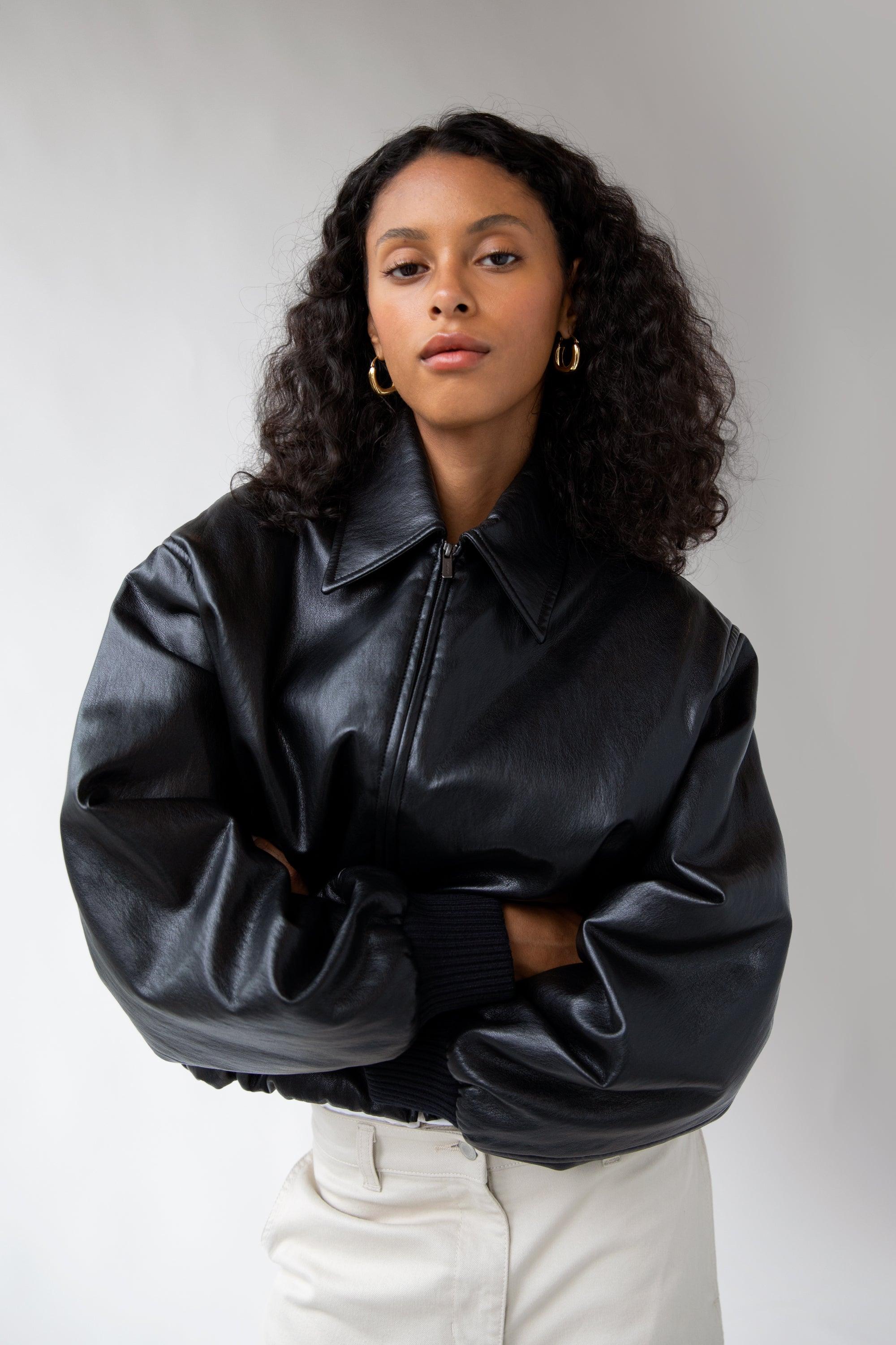 VEGAN LEATHER BUBBLE HEM BOMBER JACKET by OAK + FORT