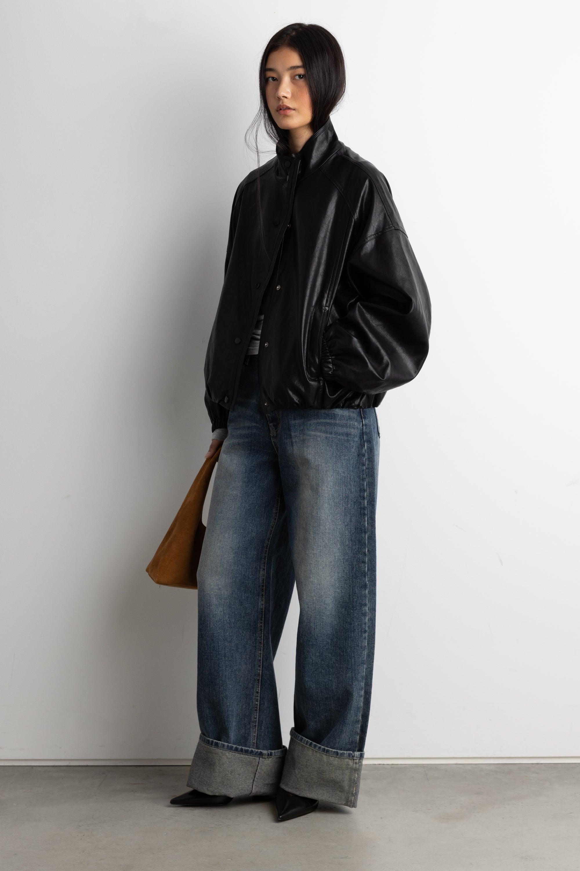 VEGAN LEATHER FUNNEL NECK BOMBER JACKET by OAK + FORT