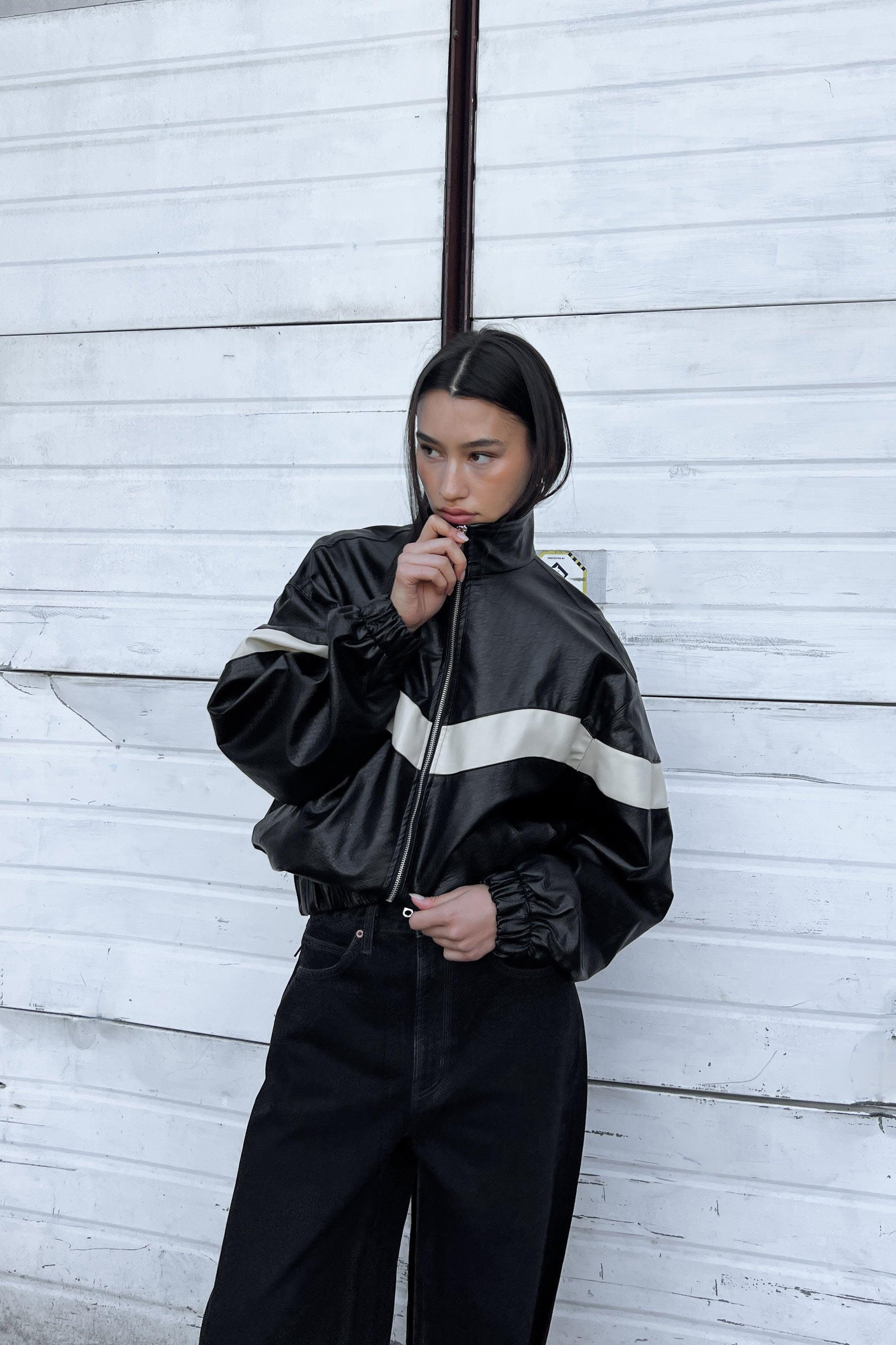 VEGAN LEATHER MOCKNECK RACER JACKET by OAK + FORT