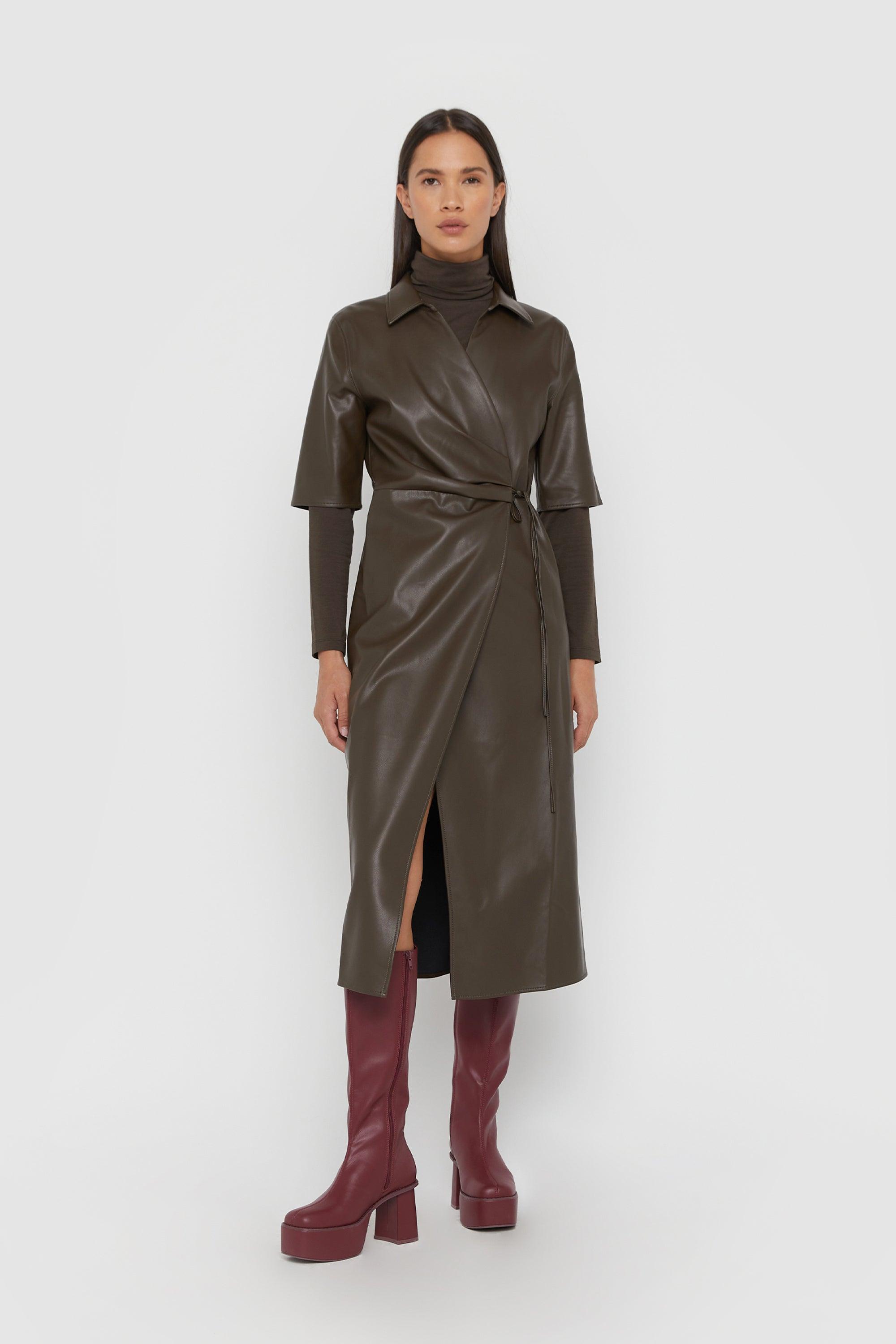 VEGAN LEATHER WRAP DRESS by OAK + FORT