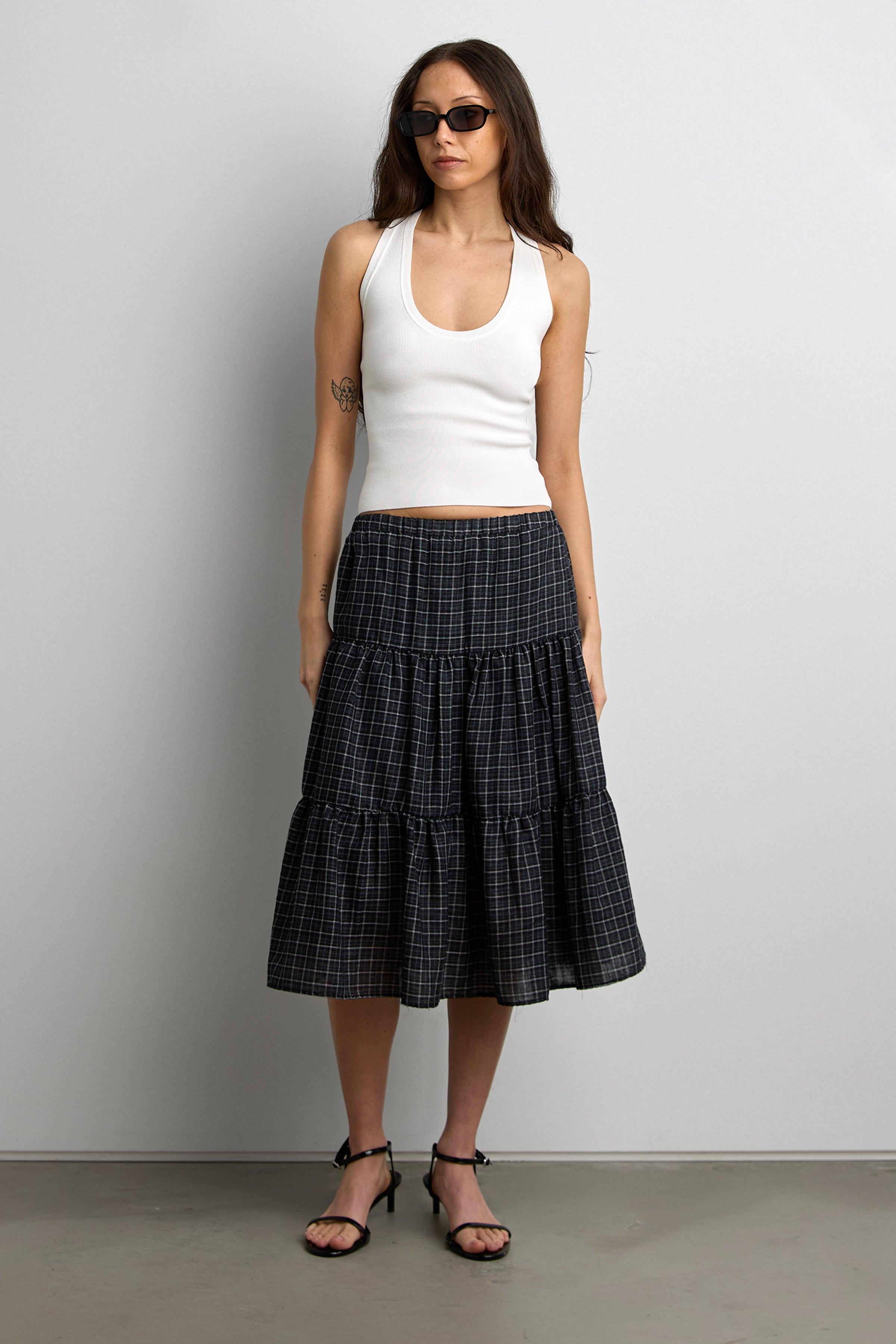 VINTAGE PLAID TIERED MIDI SKIRT by OAK + FORT
