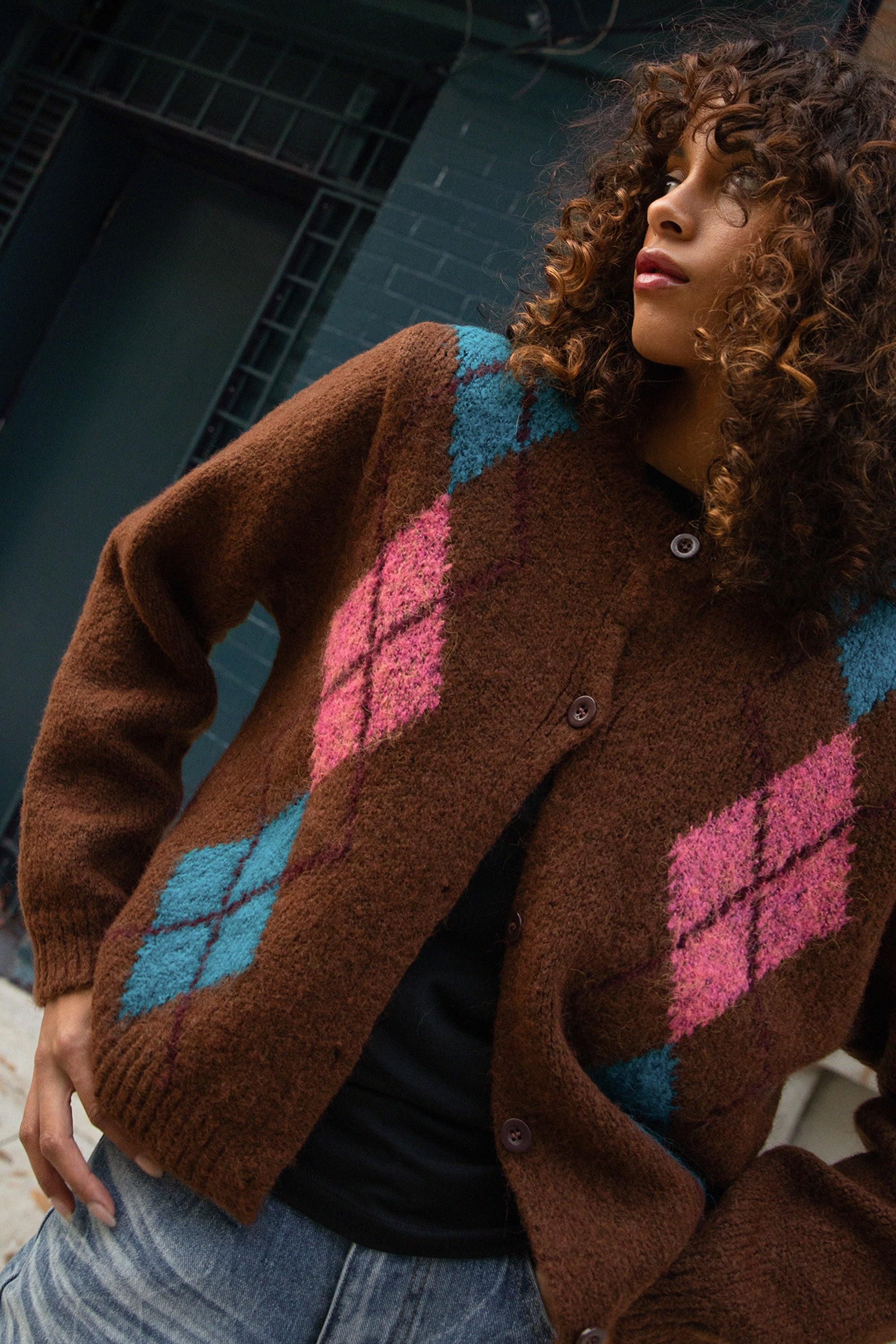 WOOL-BLEND ARGYLE PATTERN CARDIGAN by OAK + FORT