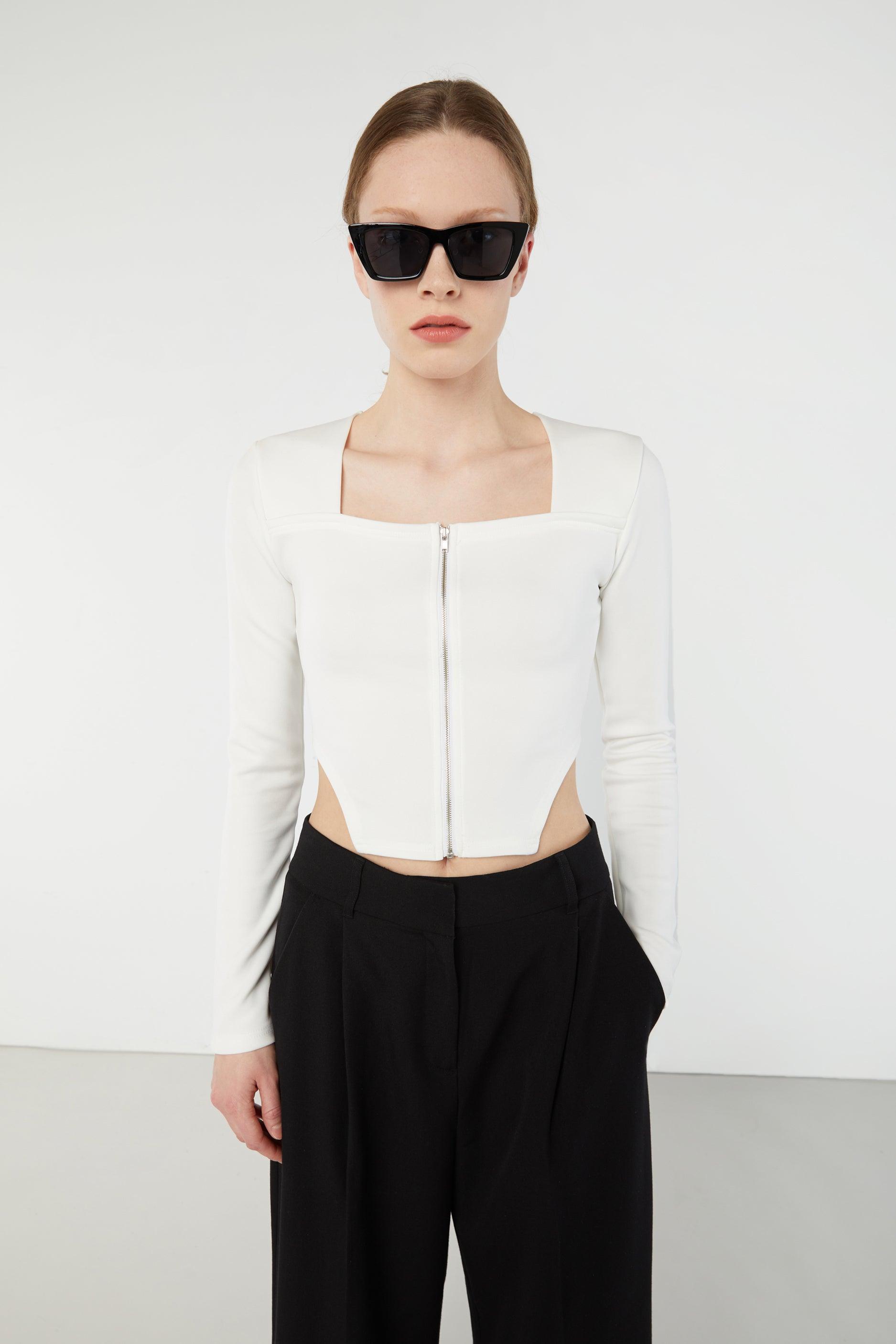 ZIP-FRONT SQUARE NECK TOP by OAK + FORT
