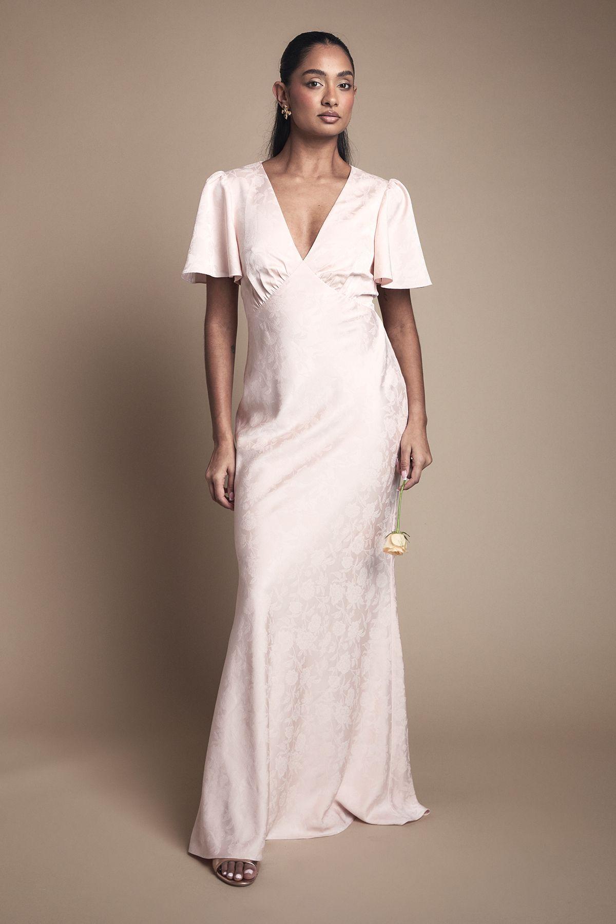 Angel Sleeve Satin Jacquard Bridesmaid Maxi Dress by OASIS