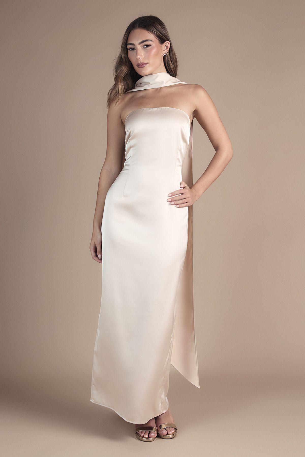 Bandeau Satin Maxi Wedding Dress With Scarf by OASIS