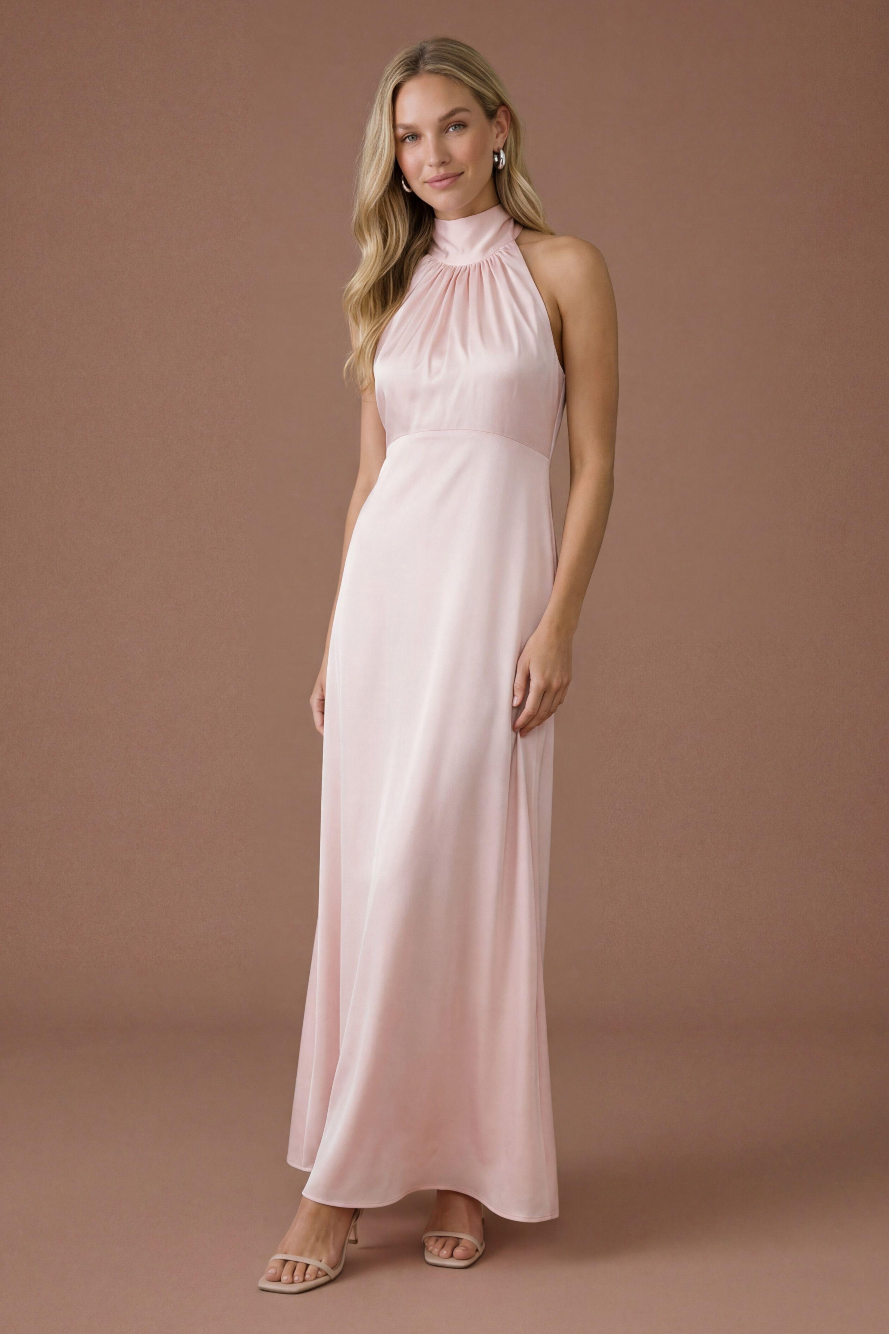 Blush Satin Halter Neck Maxi Bridesmaid Dress by OASIS