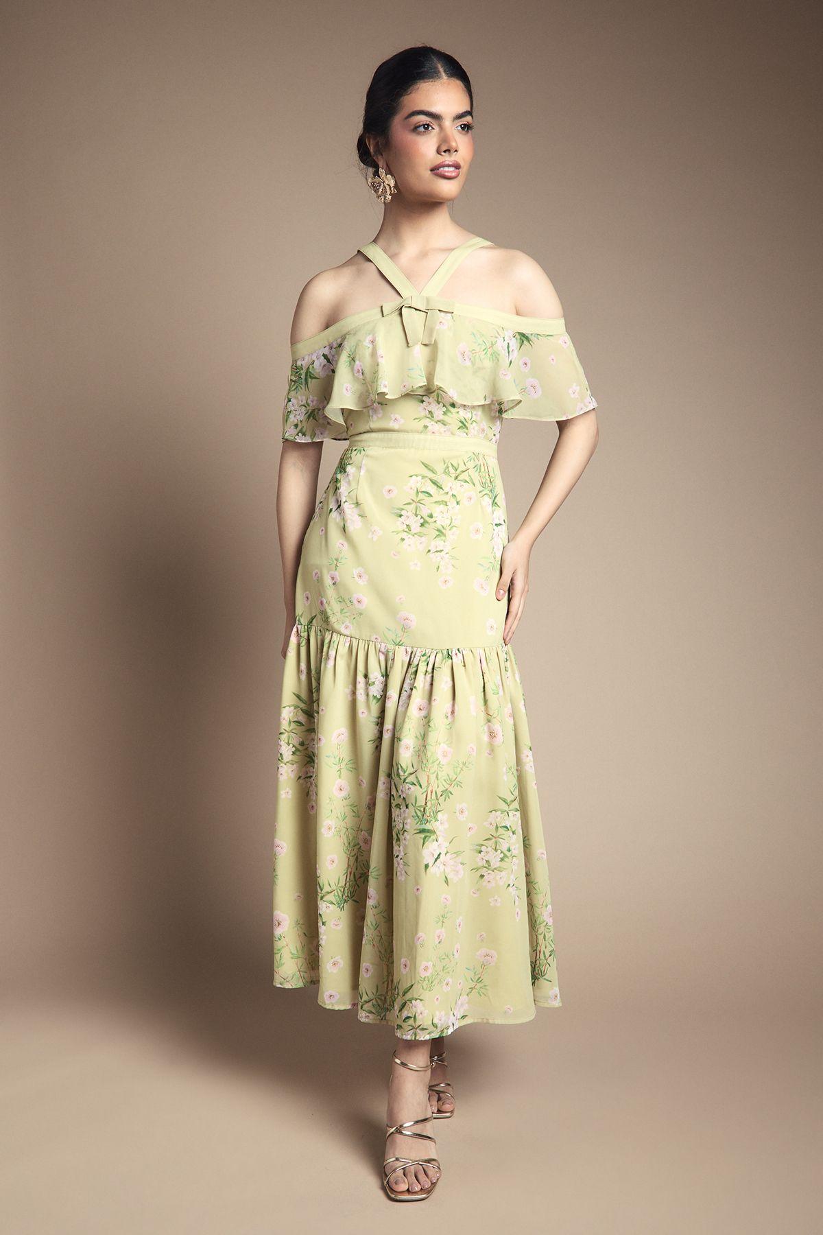 Bow Detail Halter Neck Bardot Dress by OASIS
