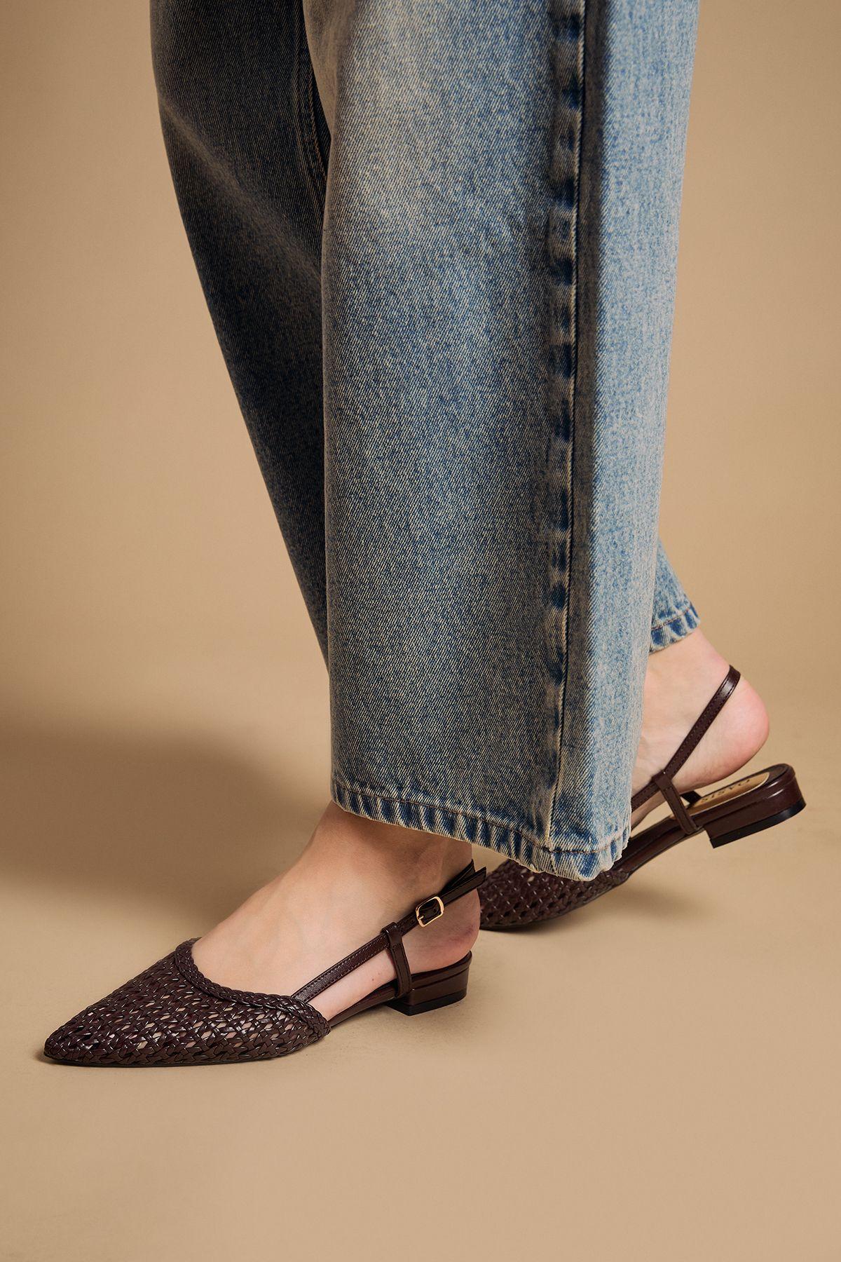 Brandie Woven Slingback Faux Leather Pointed Flat Shoes by OASIS