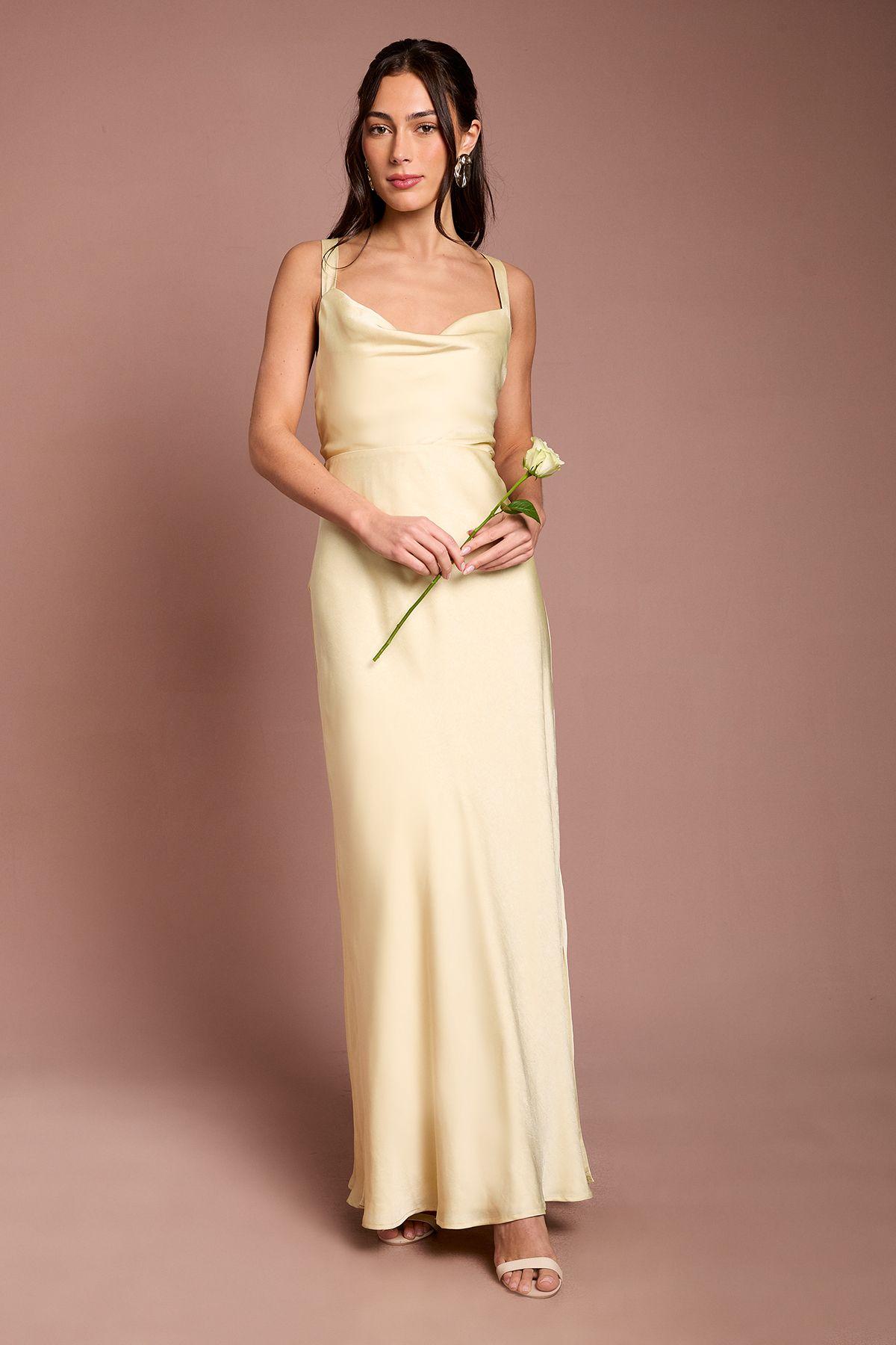 Butter Yellow Cross Shoulder Tie Back Satin Maxi Bridesmaid Dress by OASIS