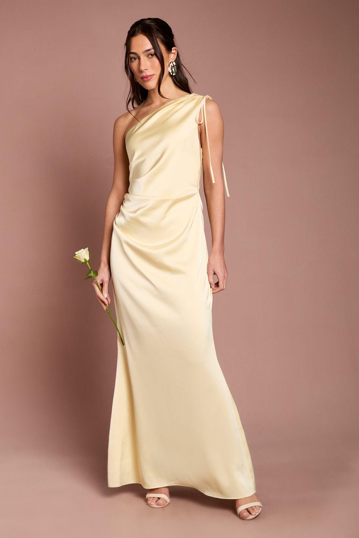 Butter Yellow Ruched Side Detail One Shoulder Satin Maxi Bridesmaid Dress by OASIS