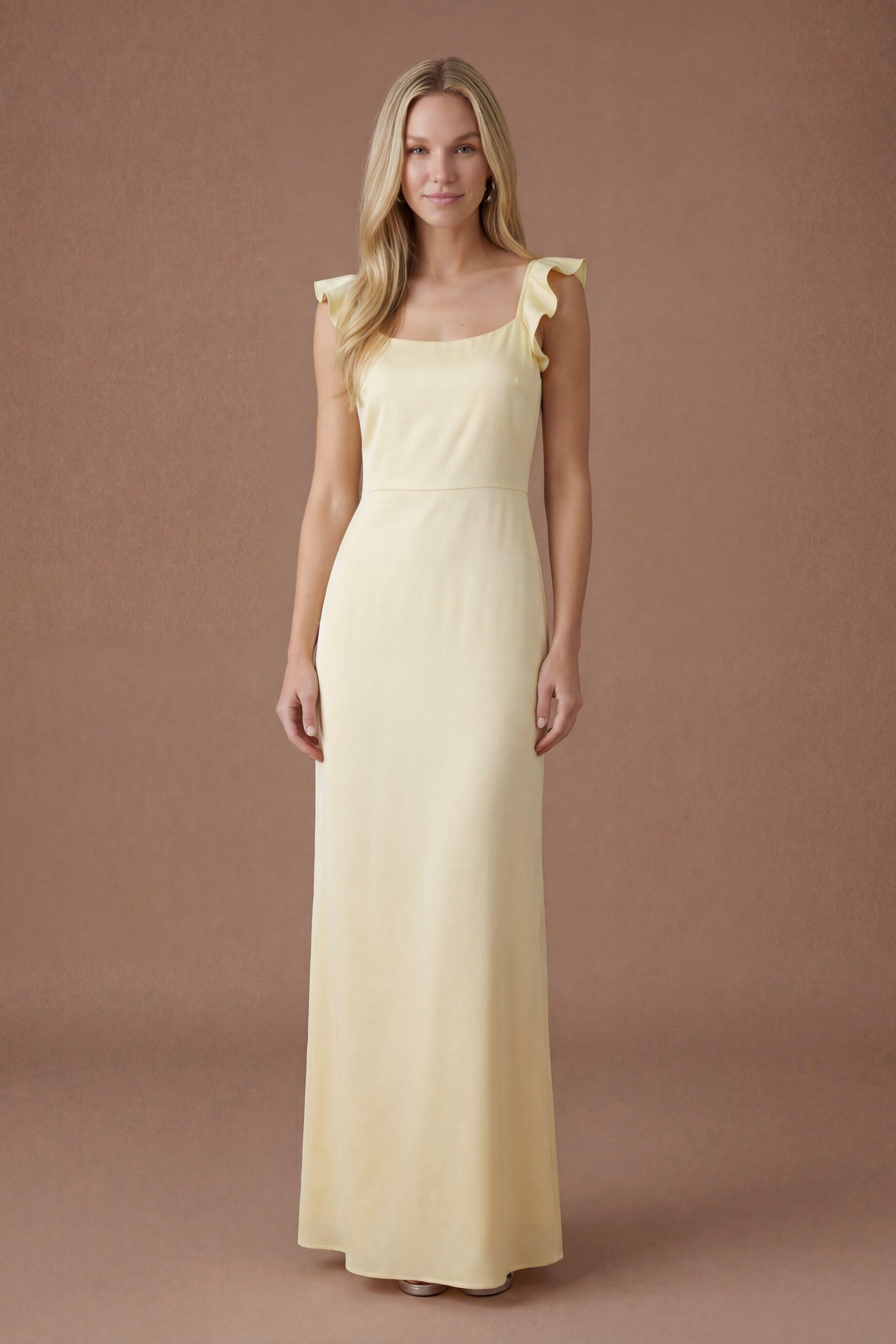 Butter Yellow Ruffle Square Neck Satin Bridesmaid Maxi Dress by OASIS