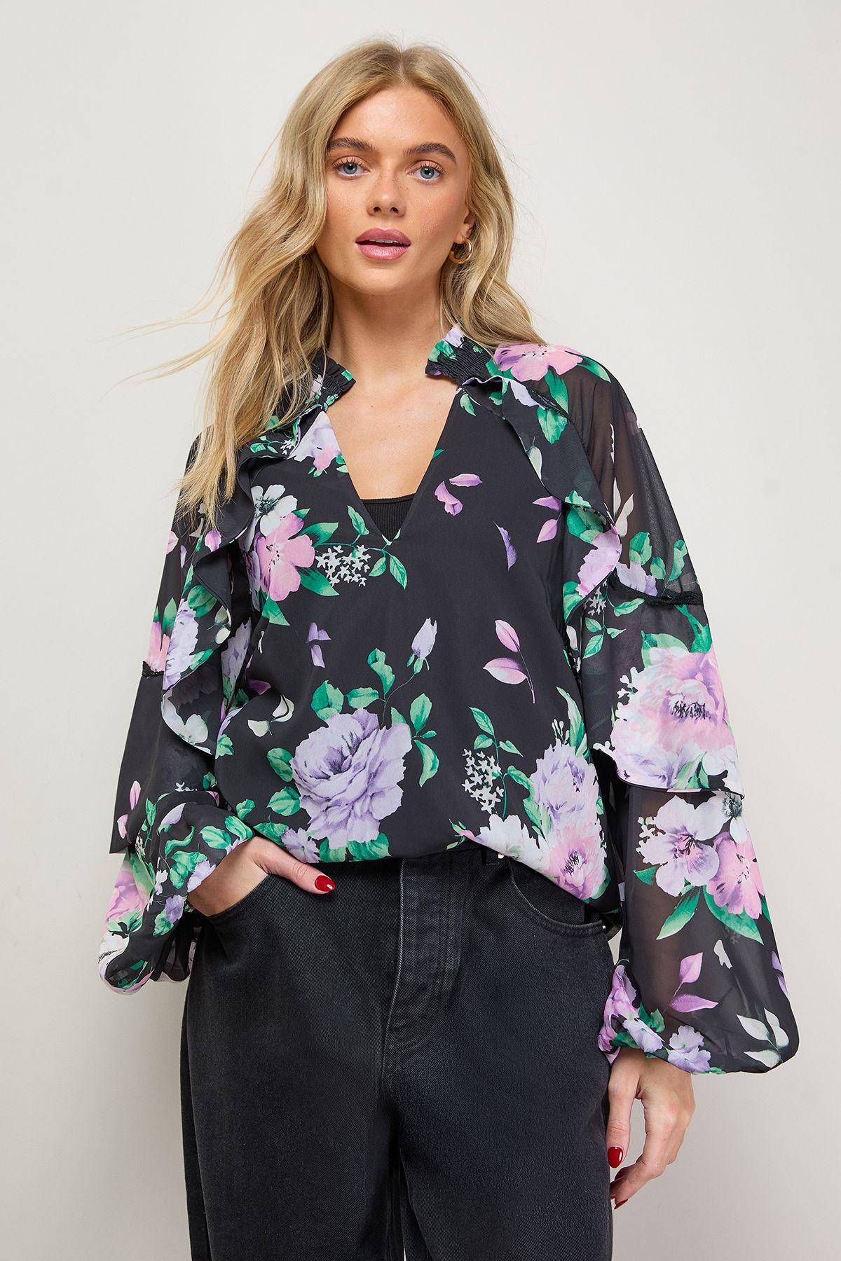 Cape Detail Trim Balloon Sleeve Boho Blouse by OASIS