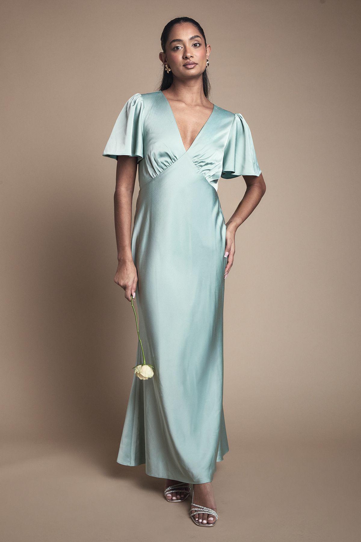 Deep V Fluted Sleeve Maxi Bridesmaid Dress by OASIS