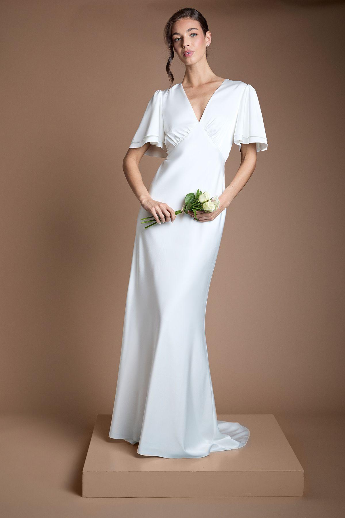 Deep V Fluted Sleeve Maxi Wedding Dress by OASIS
