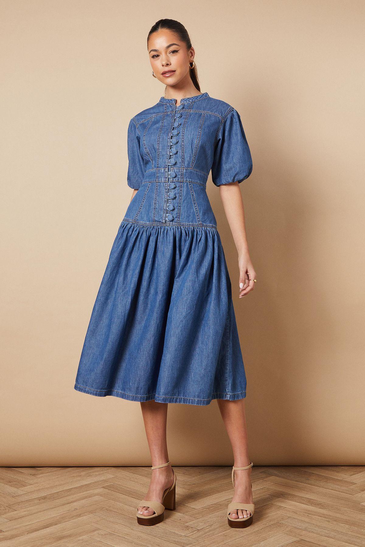 Drop Waist Button Up Denim Midi Dress by OASIS