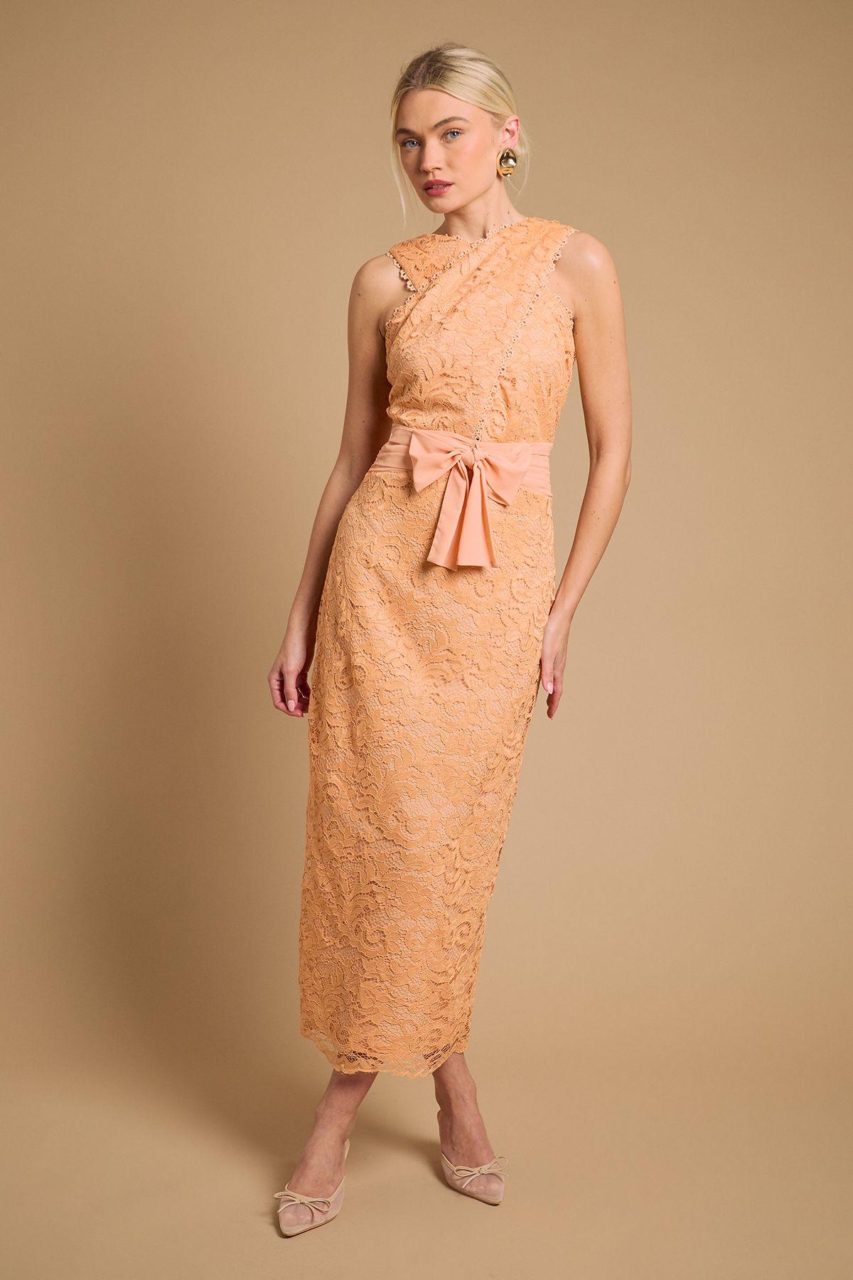 Embroidered Mesh Lace Halterneck Midi Dress by OASIS