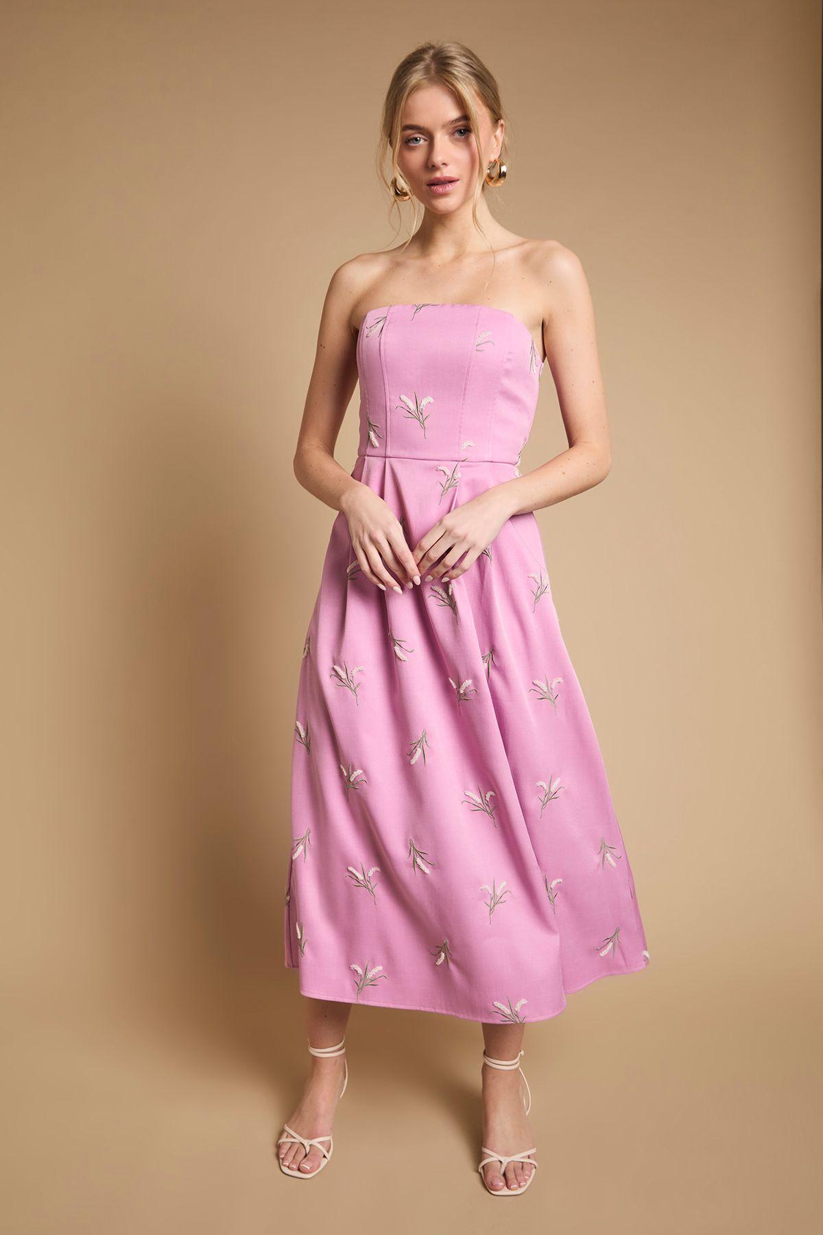 Embroidered Strapless Sweetheart Midi Dress by OASIS