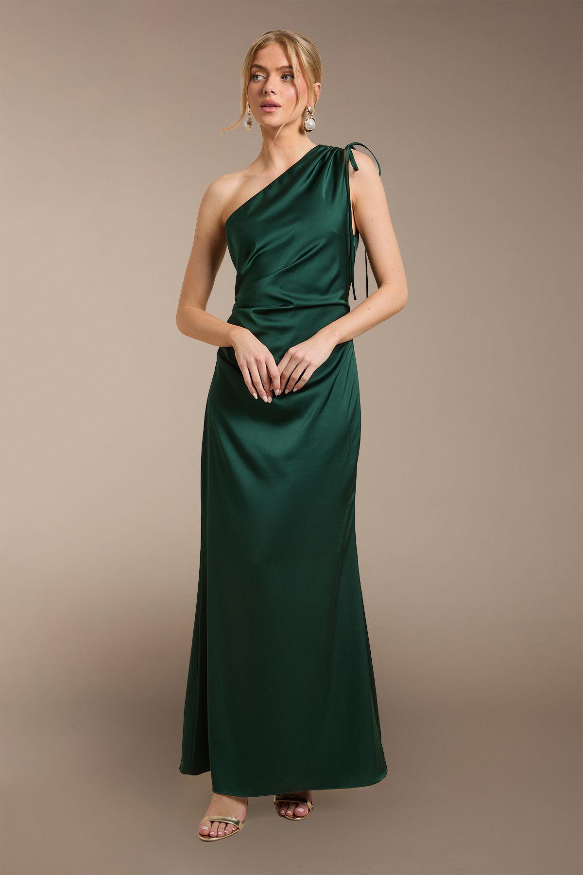 Emerald Ruched Side Detail One Shoulder Satin Maxi Bridesmaid Dress by OASIS