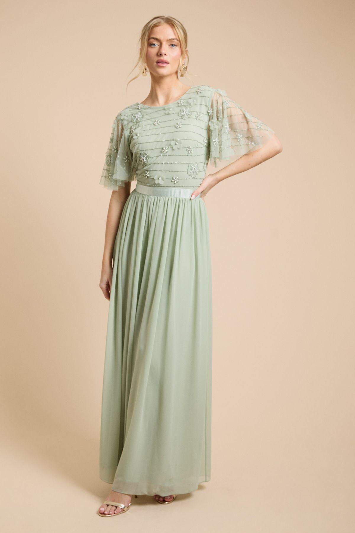 Floral Embellished Mesh Angel Sleeve Maxi Dress by OASIS