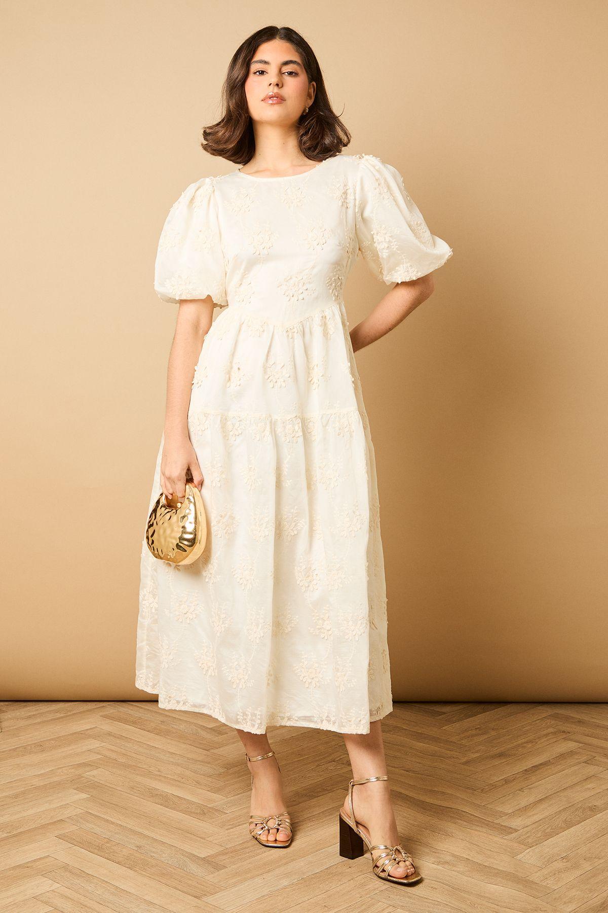Floral Embroidered Puff Sleeve Midi Dress by OASIS