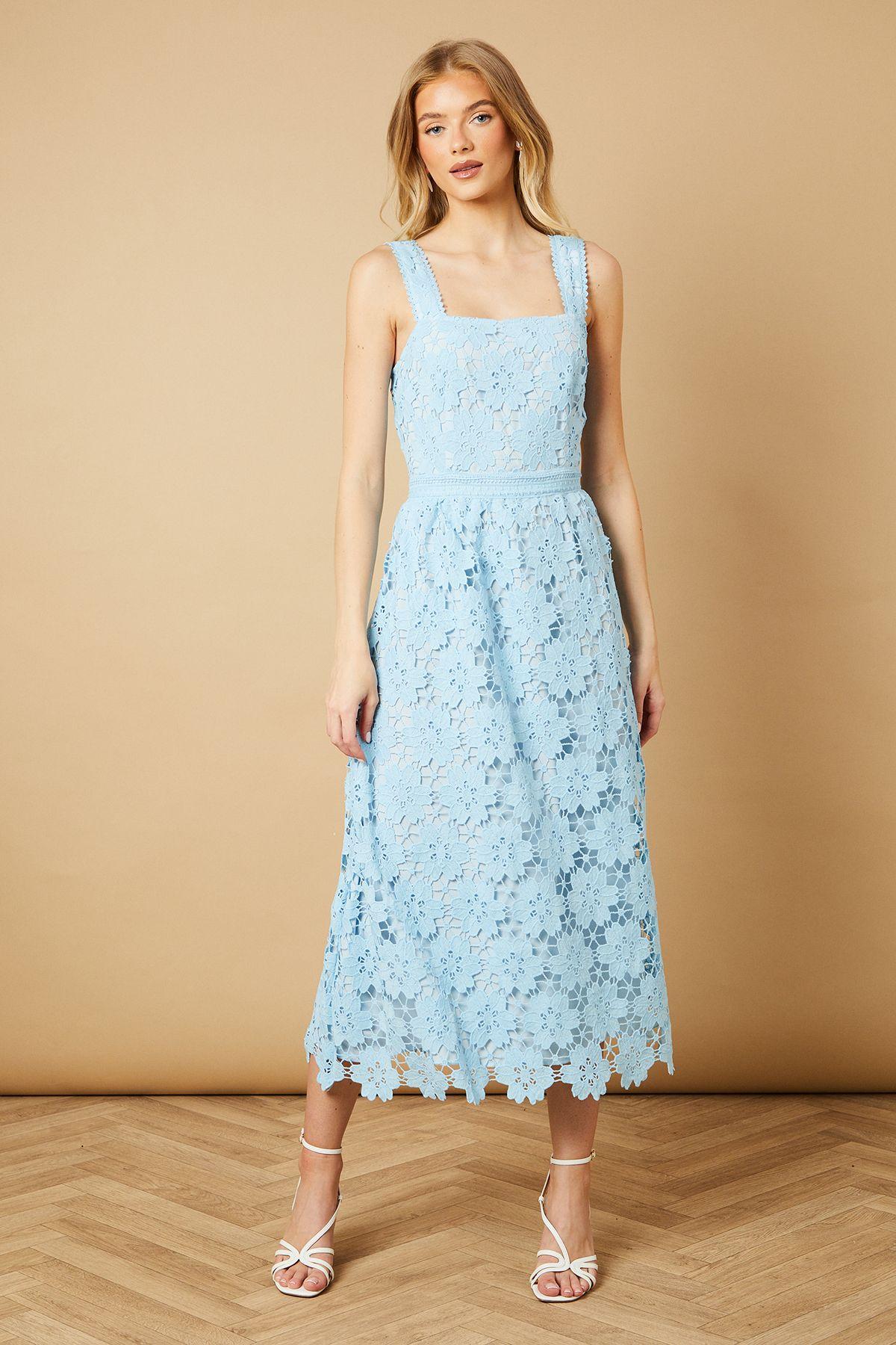 Floral Lace Detail Square Neck Midi Dress by OASIS