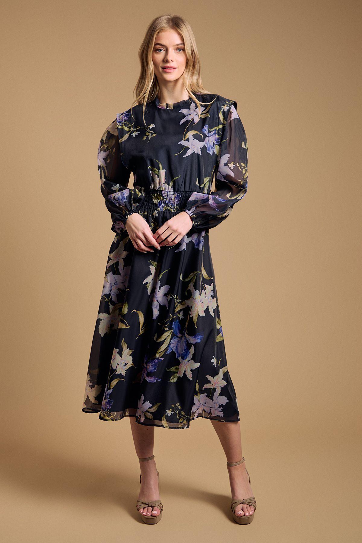 Floral Organza Shirred Waist Midi Dress by OASIS