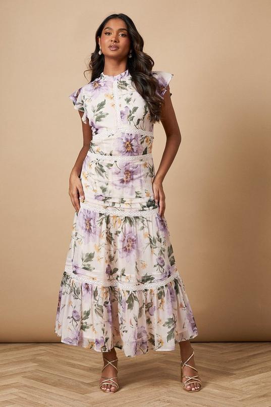 Floral Printed Chiffon Lace Insert Dress by OASIS