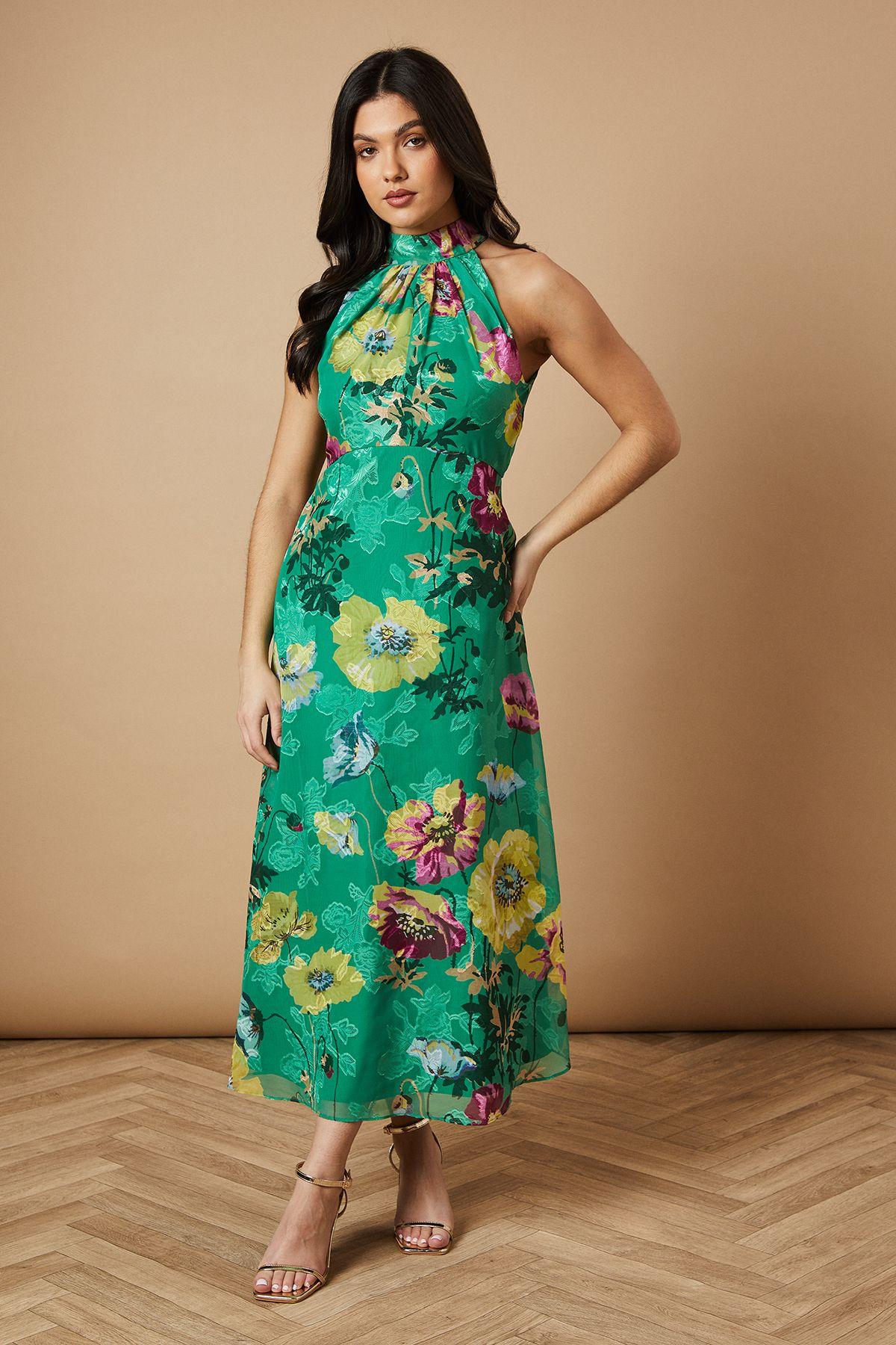 Floral Satin Burnout Halterneck Midi Dress by OASIS