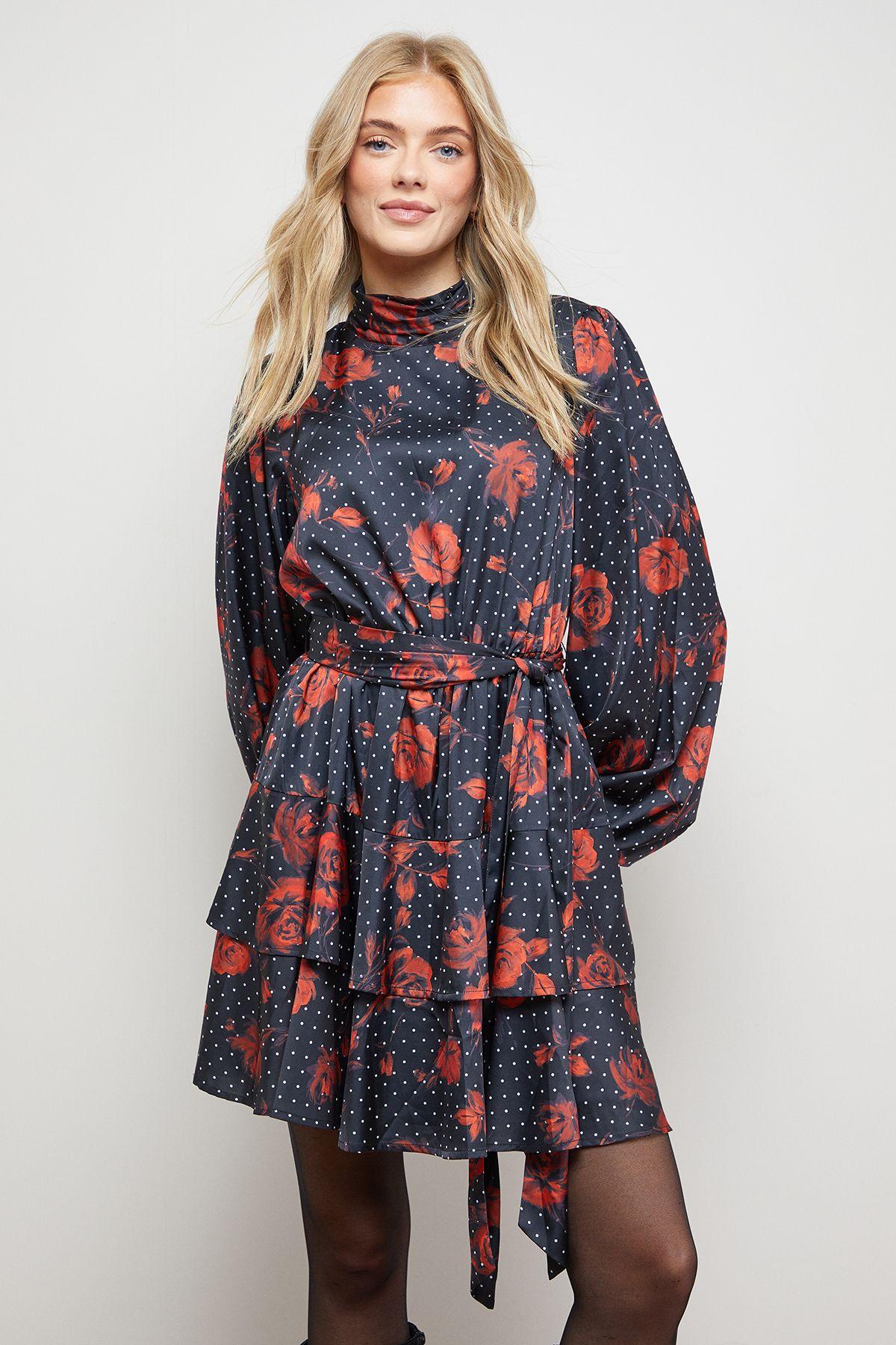 High Neck Printed Long Sleeve Mini Dress With Belt by OASIS