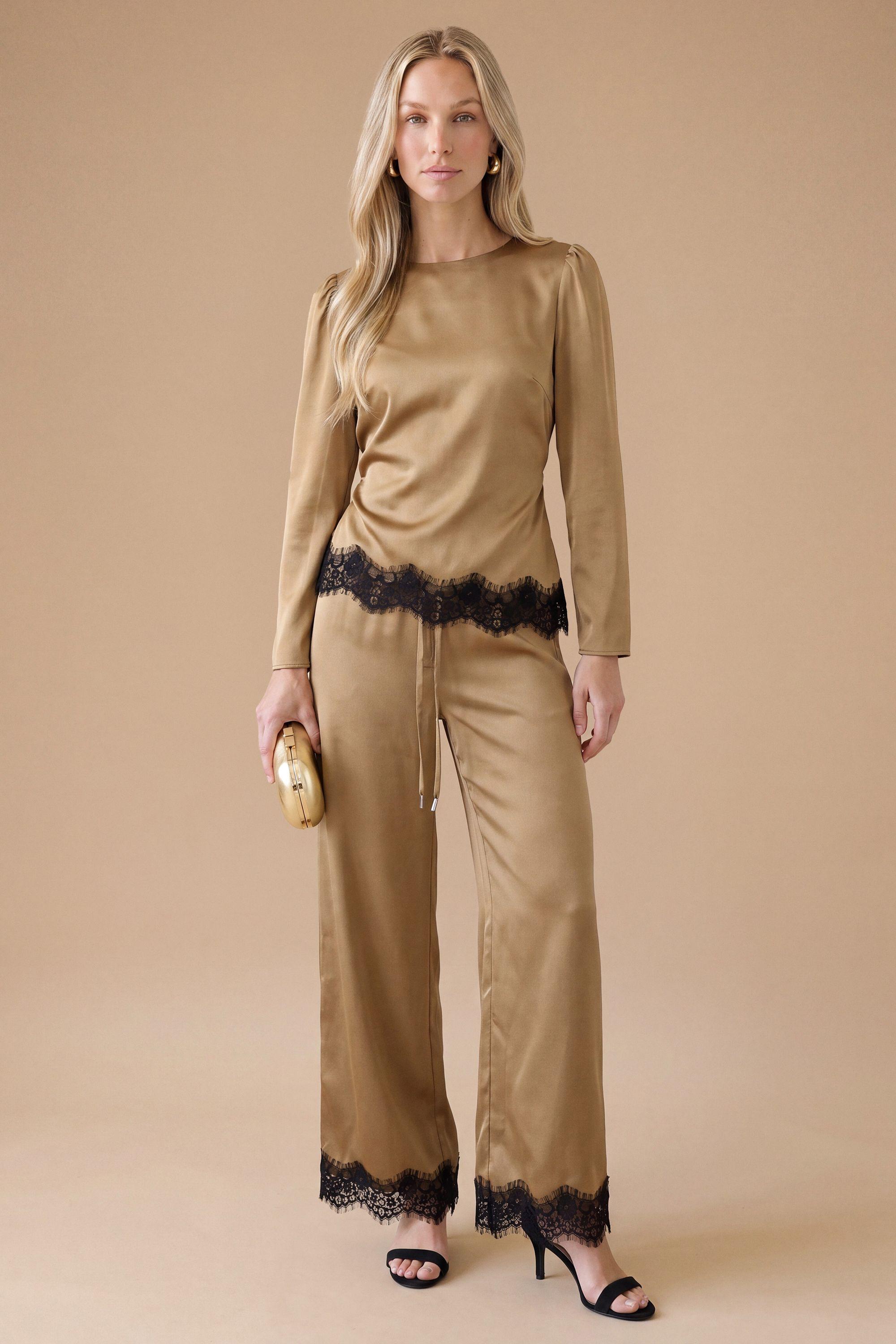 Lace Cuff Satin Back Crepe Wide Leg Trouser by OASIS