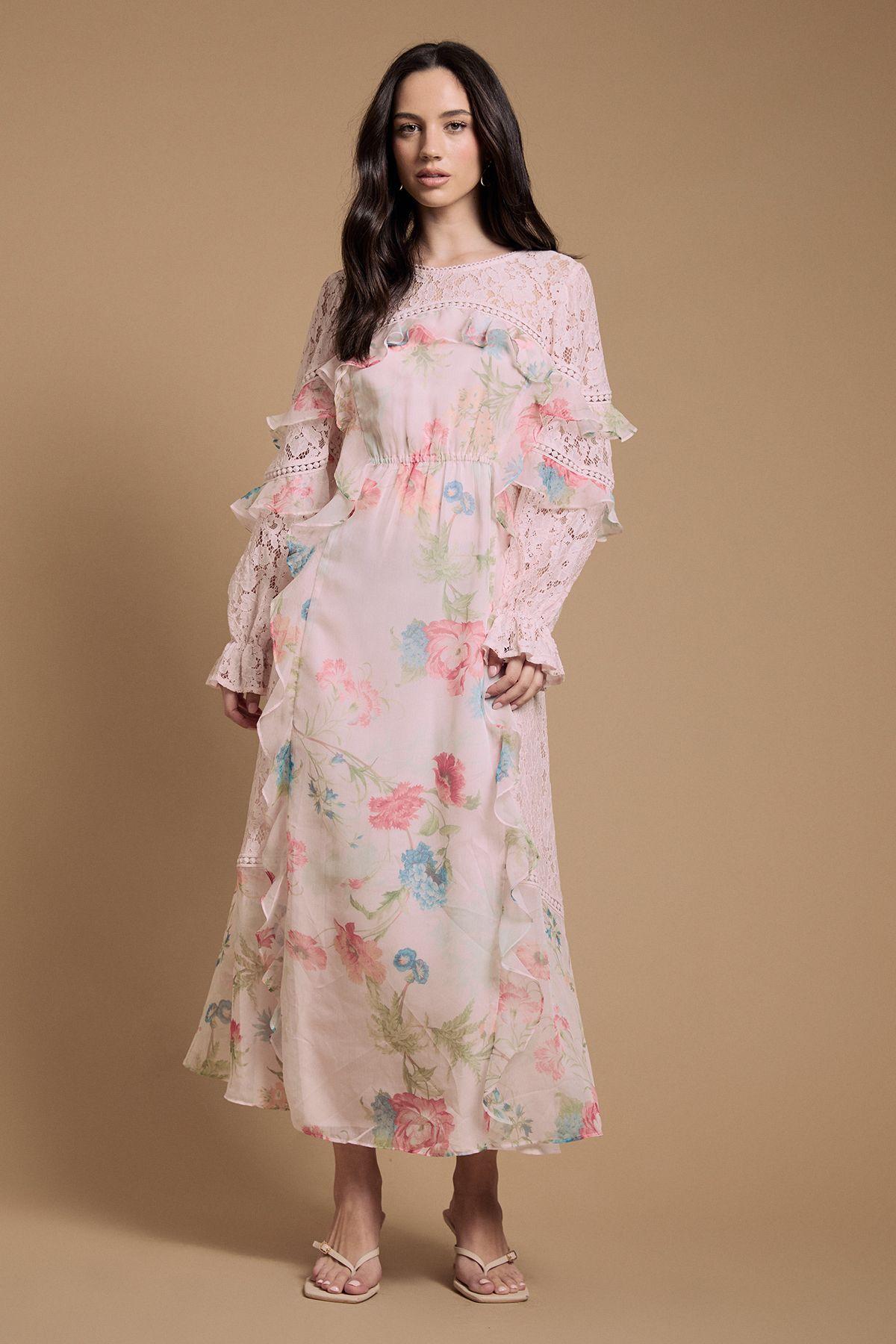 Lace Mix Frill Midaxi Dress by OASIS