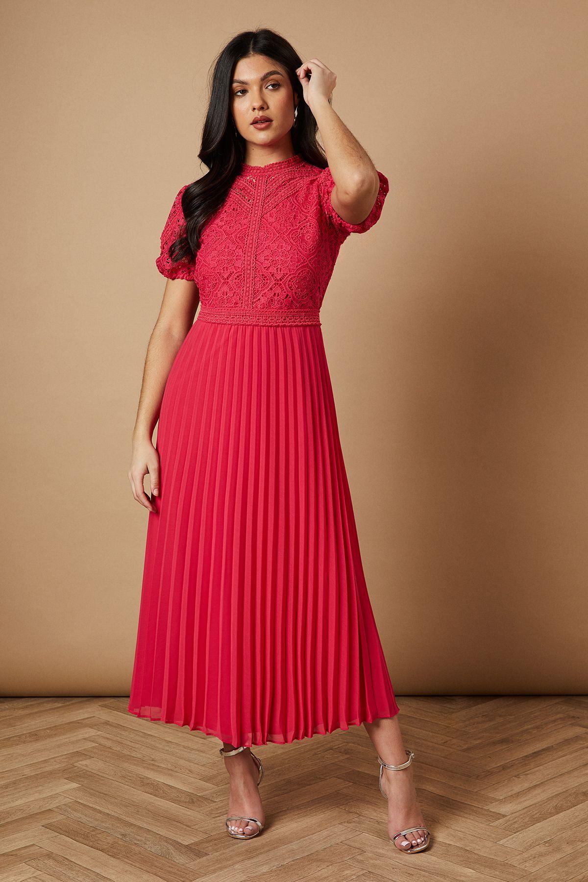 Lace Puff Sleeve Pleated Midi Dress by OASIS