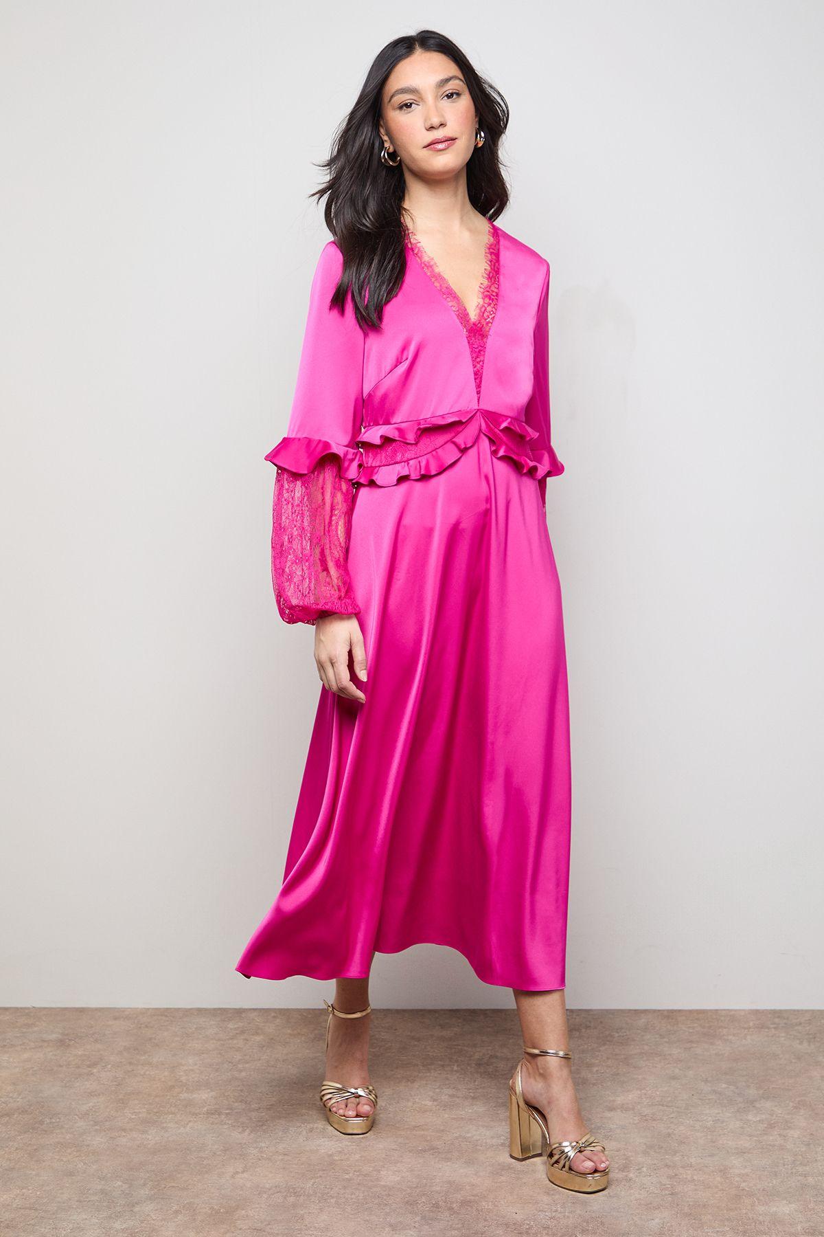 Lace Sleeve Frill Waist V Neck Midi Dress by OASIS