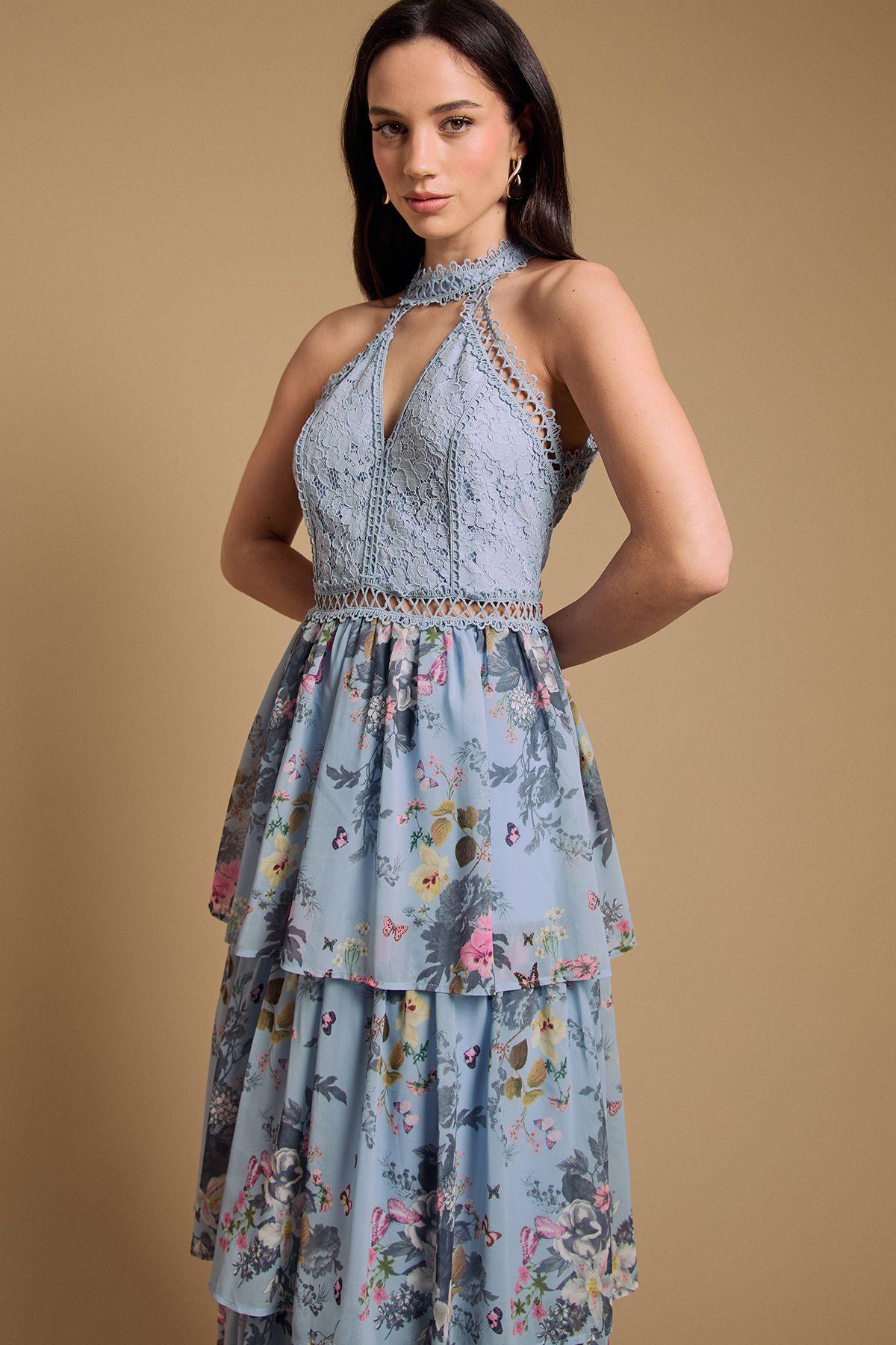 Lace Tiered Halter Neck Midi Dress by OASIS