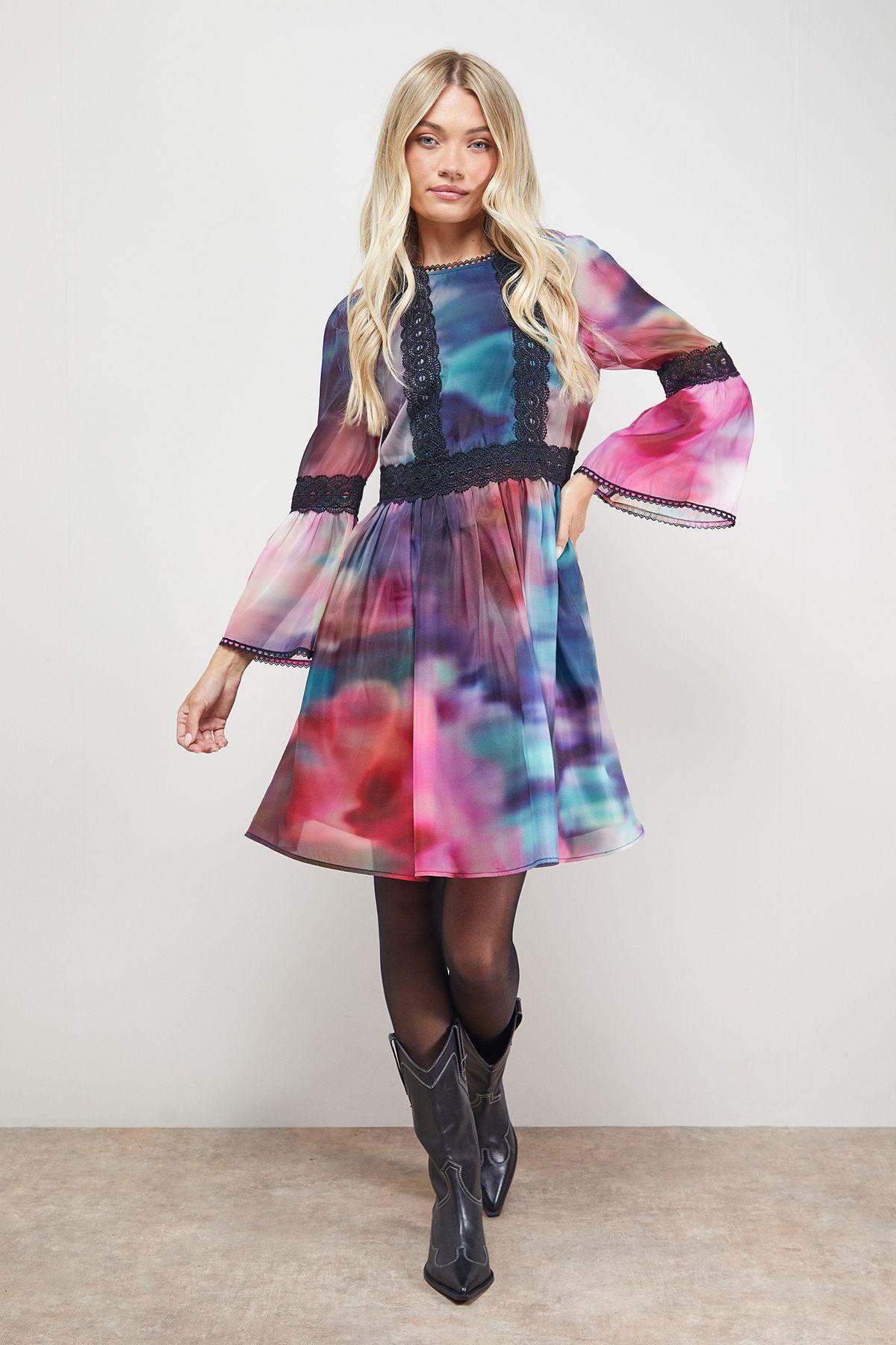 Lace Trim Fluted Sleeve Mini Prom Dress by OASIS