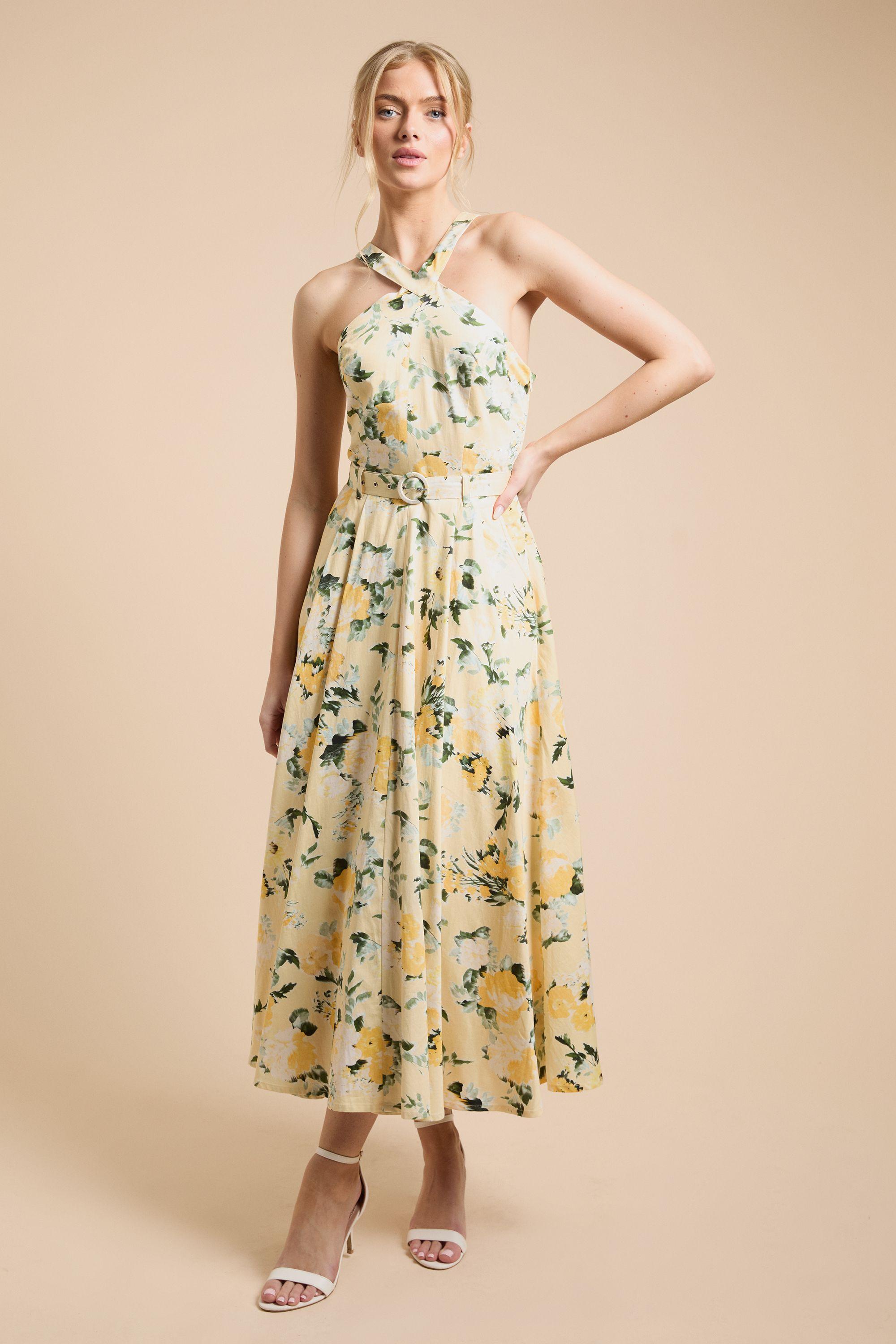 Lemon Floral Halter Cotton Poplin Midi Dress by OASIS