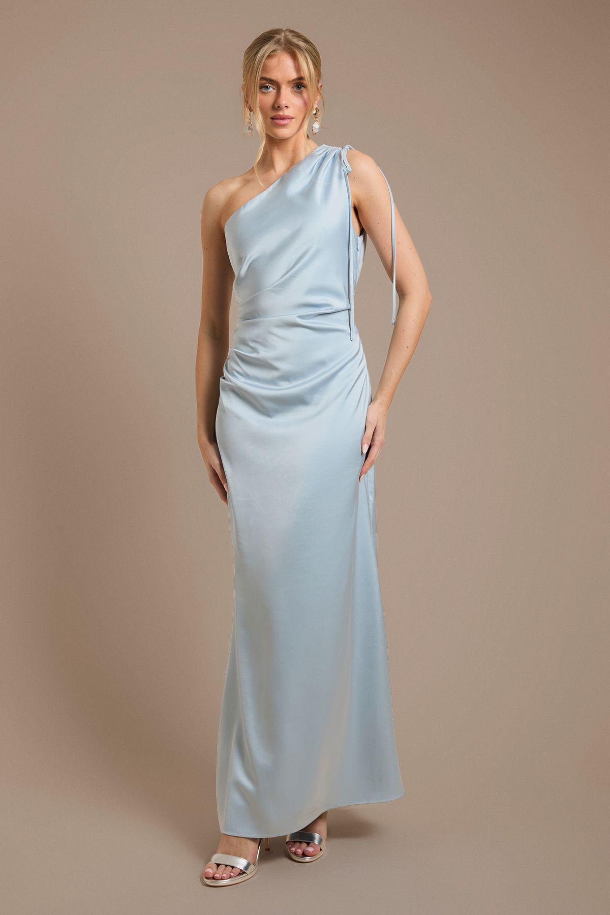 Light Blue Ruched Side Detail One Shoulder Satin Maxi Bridesmaid Dress by OASIS