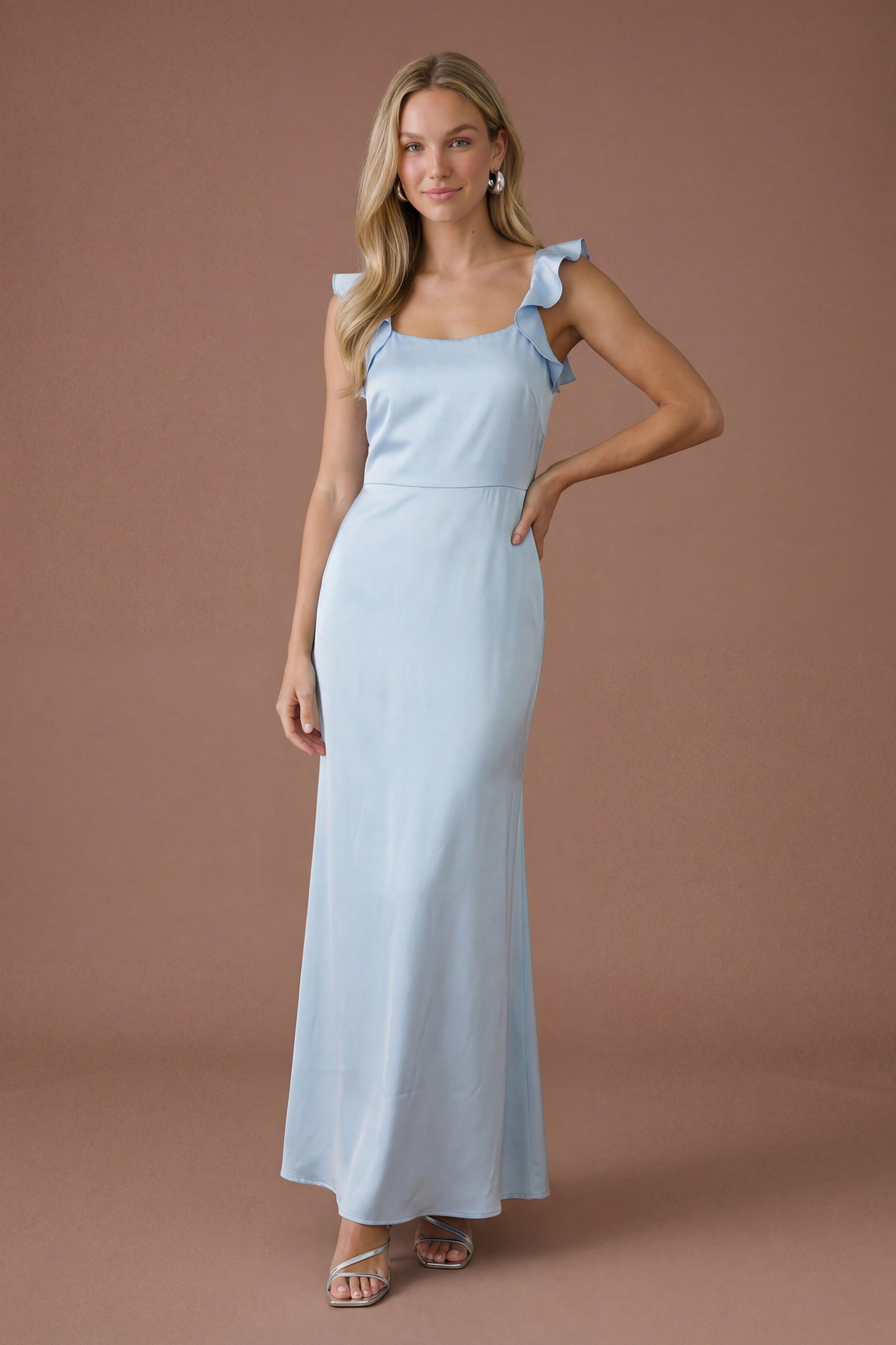 Light Blue Ruffle Square Neck Satin Bridesmaid Maxi Dress by OASIS