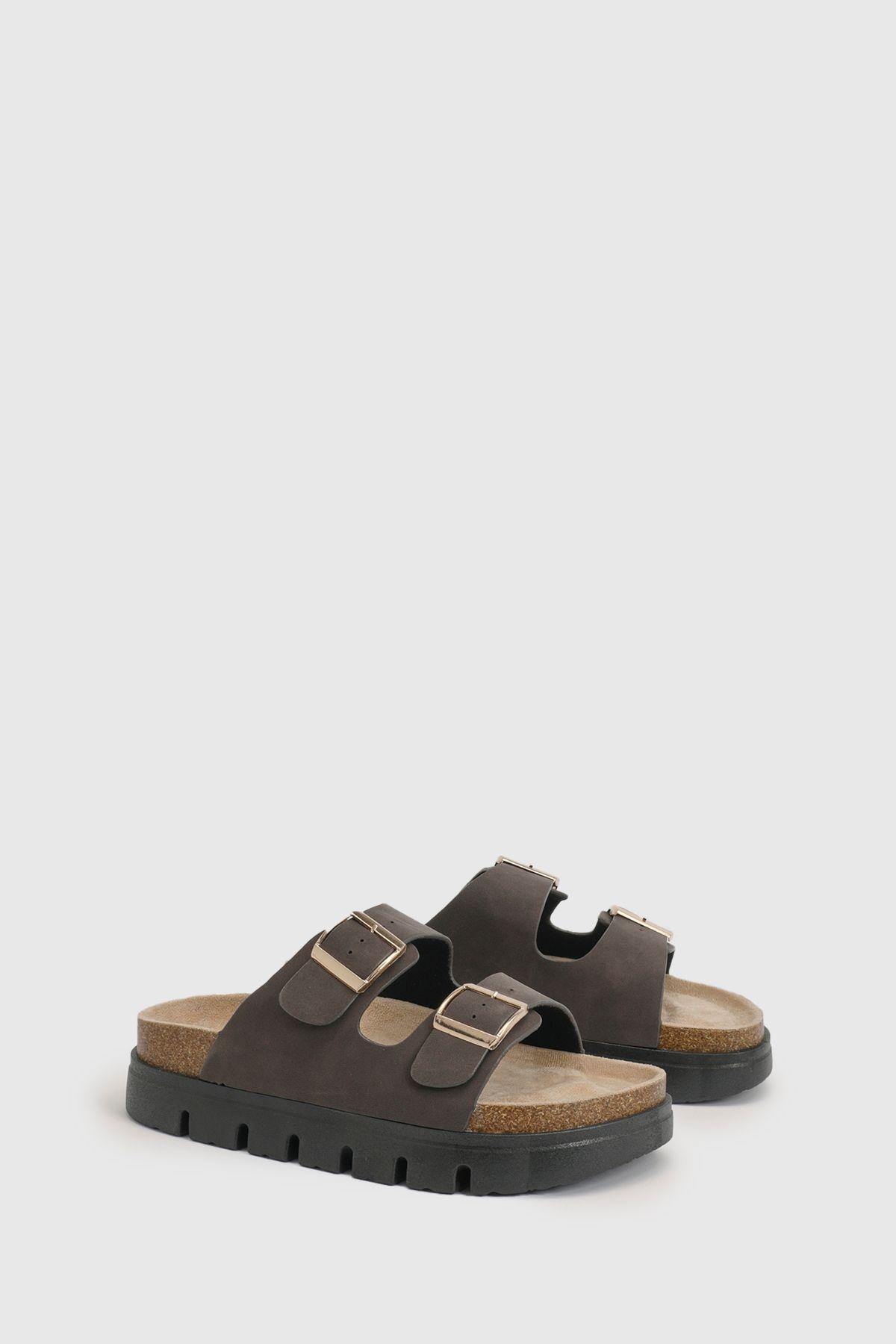 Mae Platform Faux Suede Buckle Footbed Slider by OASIS