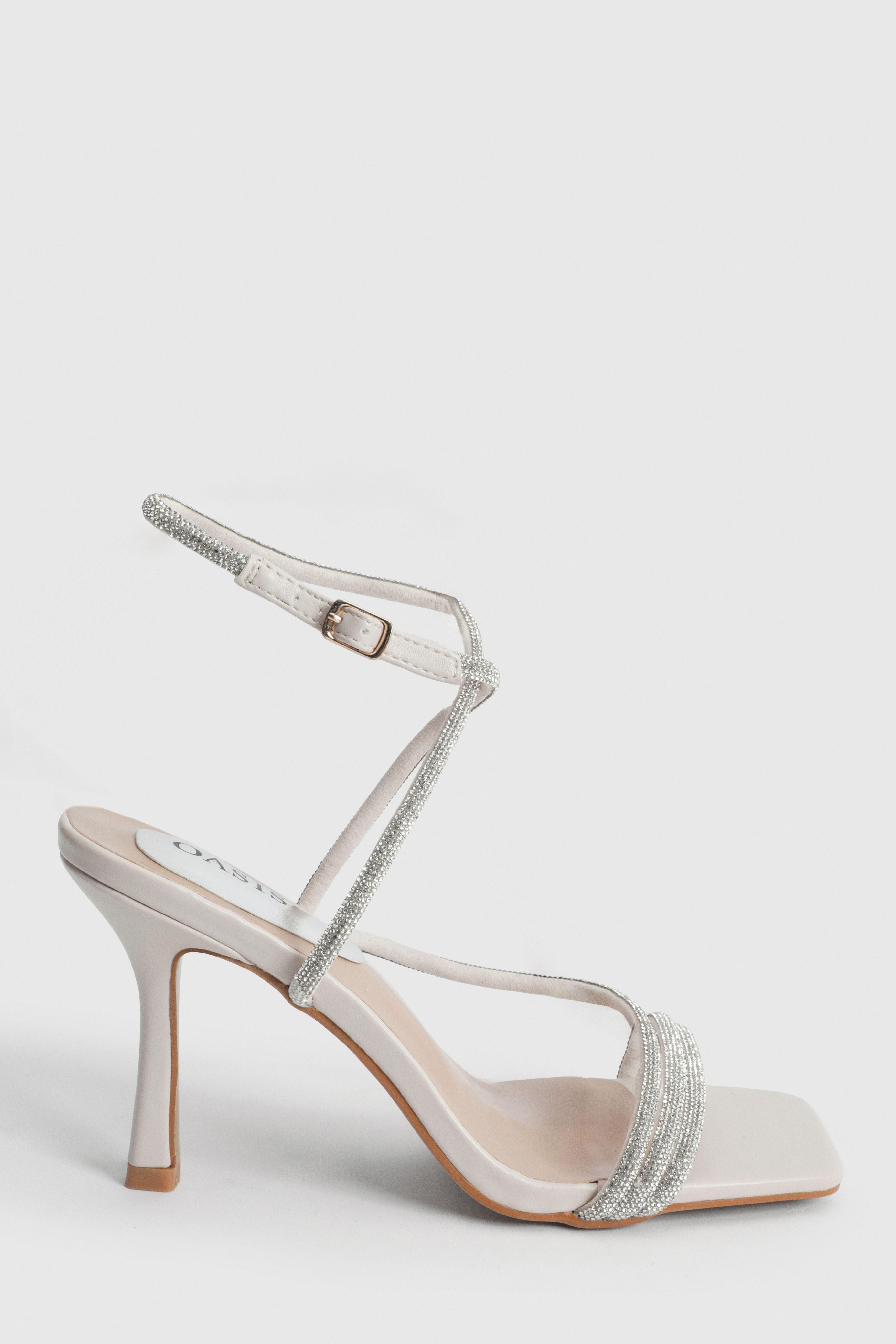 Maggie Faux Leather Asymmetric Strap Embellished Heeled Sandals by OASIS